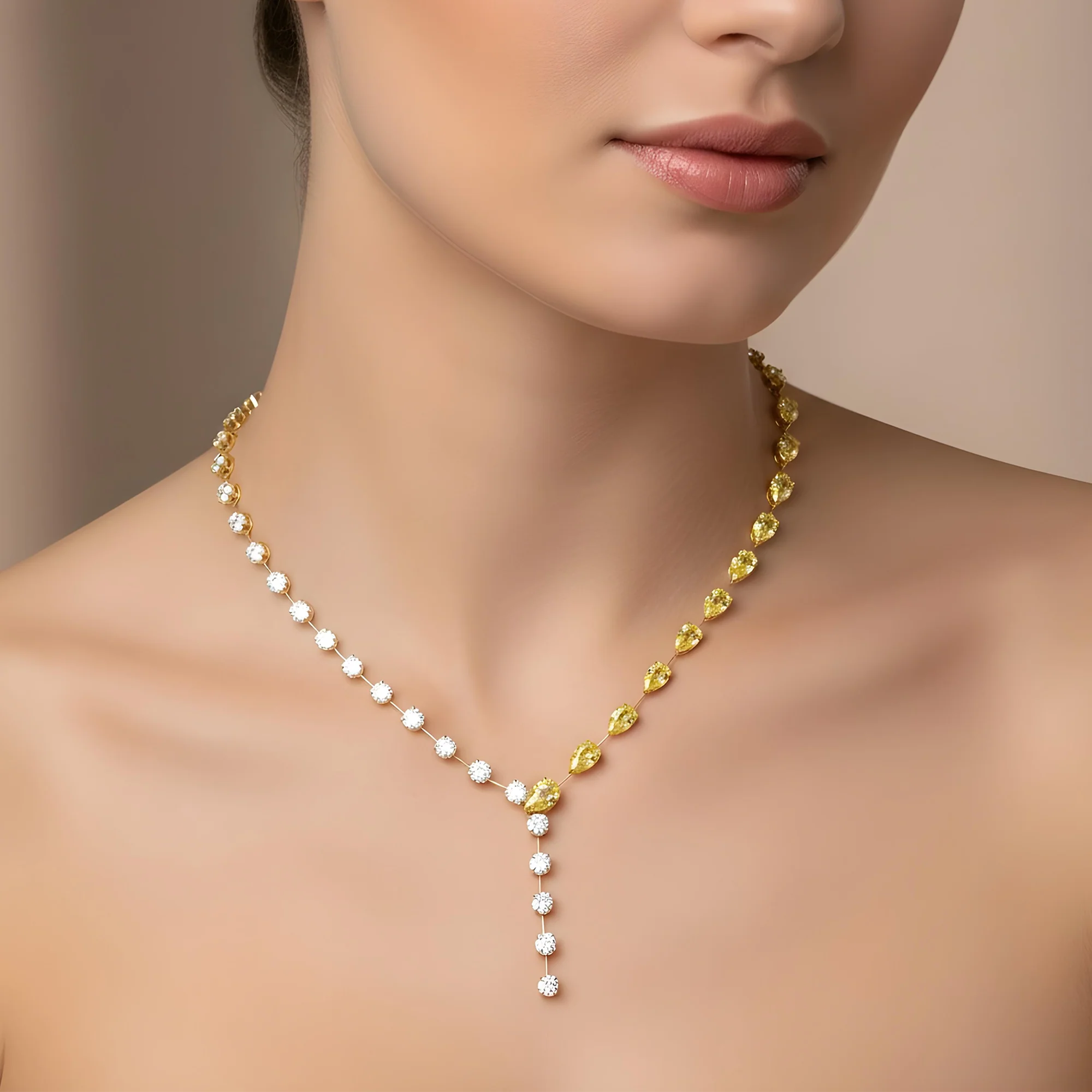 18K Two Tone Fancy Yellow Pear Cut & Round Diamond Adjustable Drop Necklace - Image 6