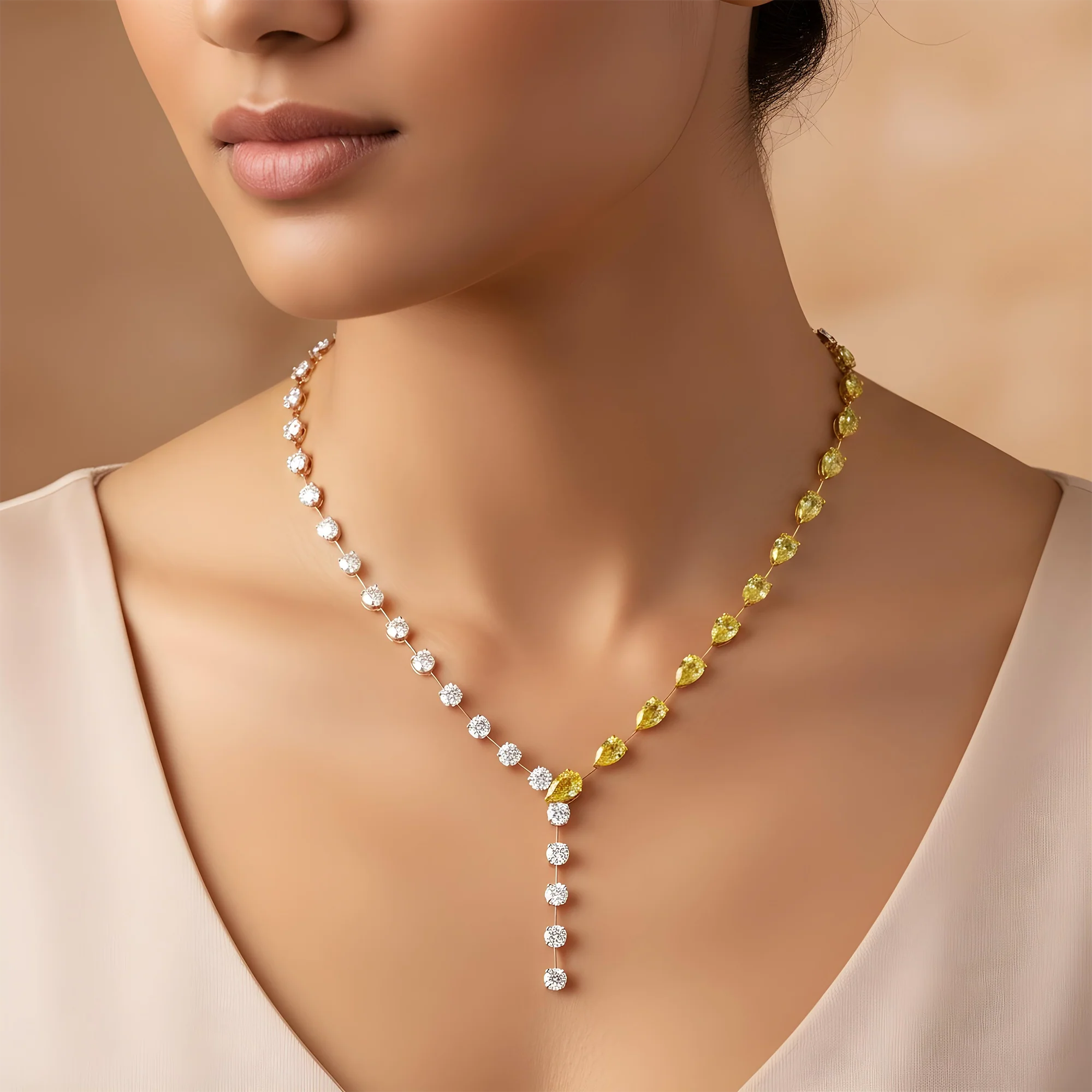 18K Two Tone Fancy Yellow Pear Cut & Round Diamond Adjustable Drop Necklace - Image 8