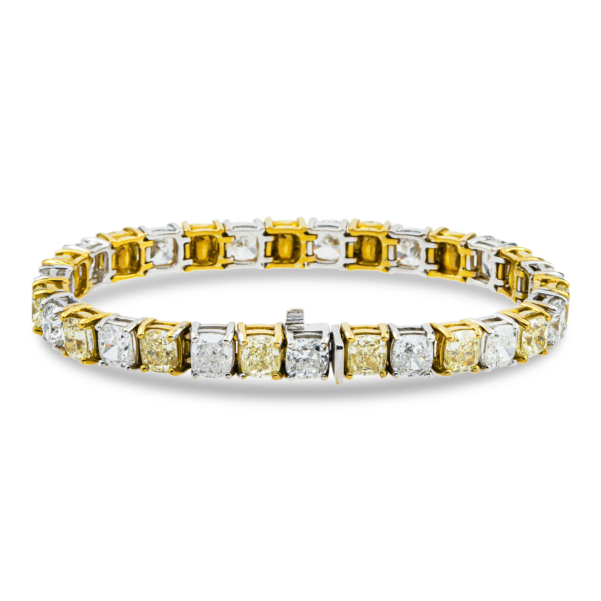 18K Two Tone Fancy Light Yellow & White Cushion Cut Diamond Tennis Bracelet 31.02ct - Image 3