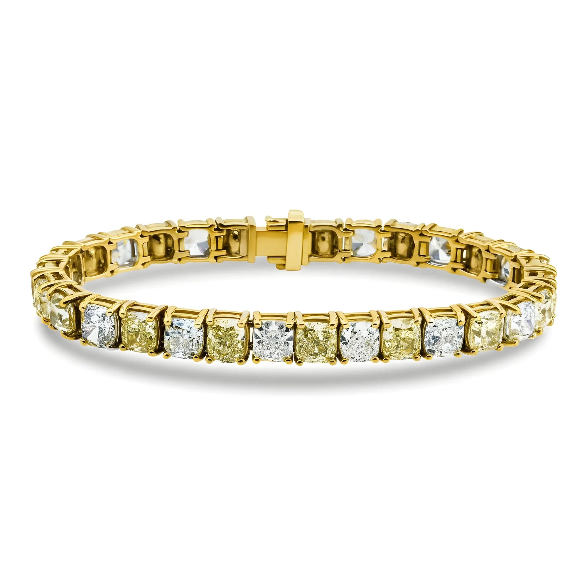 18K Two Tone Fancy Light Yellow & White Cushion Cut Diamond Tennis Bracelet 31.02ct - Image 5