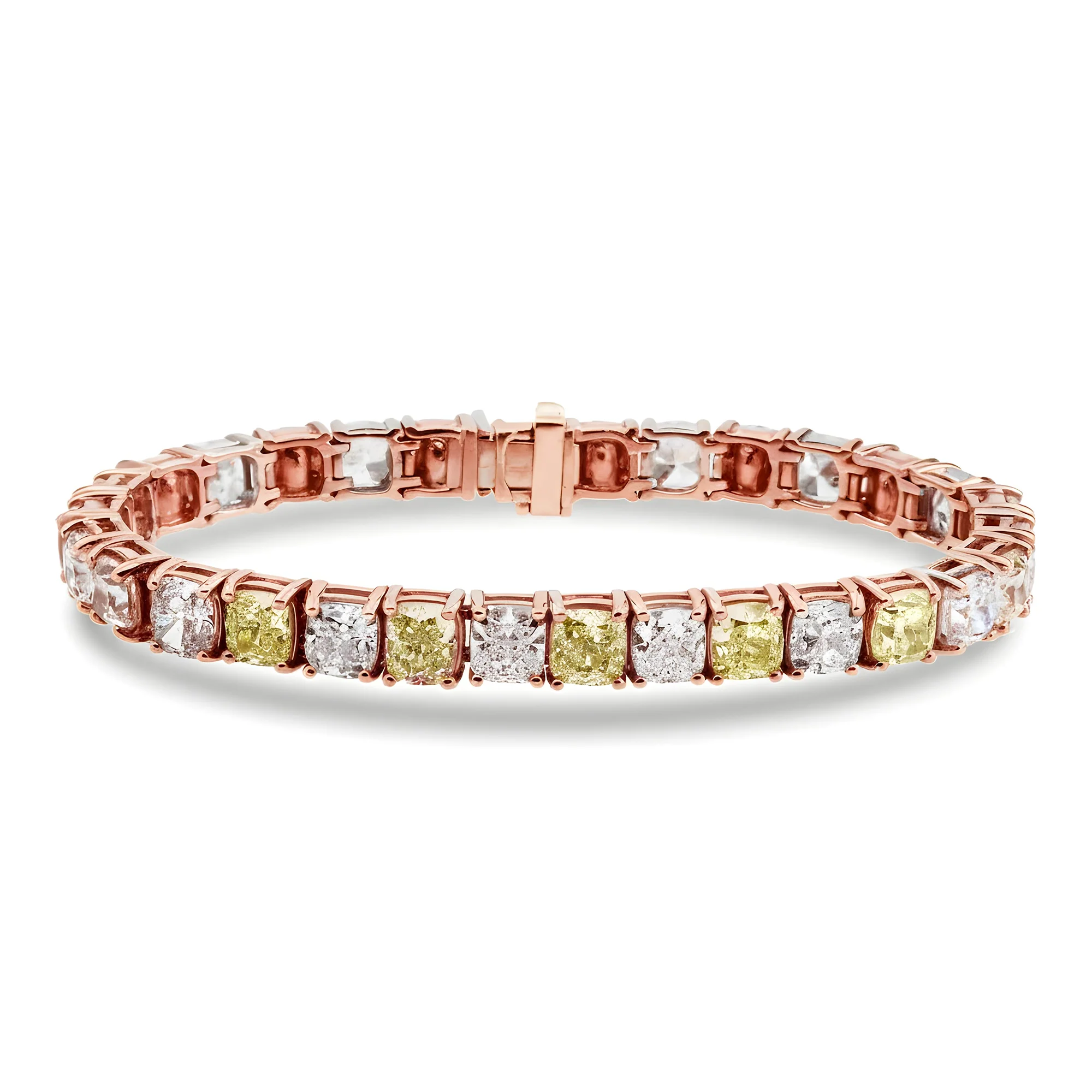 18K Two Tone Fancy Light Yellow & White Cushion Cut Diamond Tennis Bracelet 31.02ct - Image 7