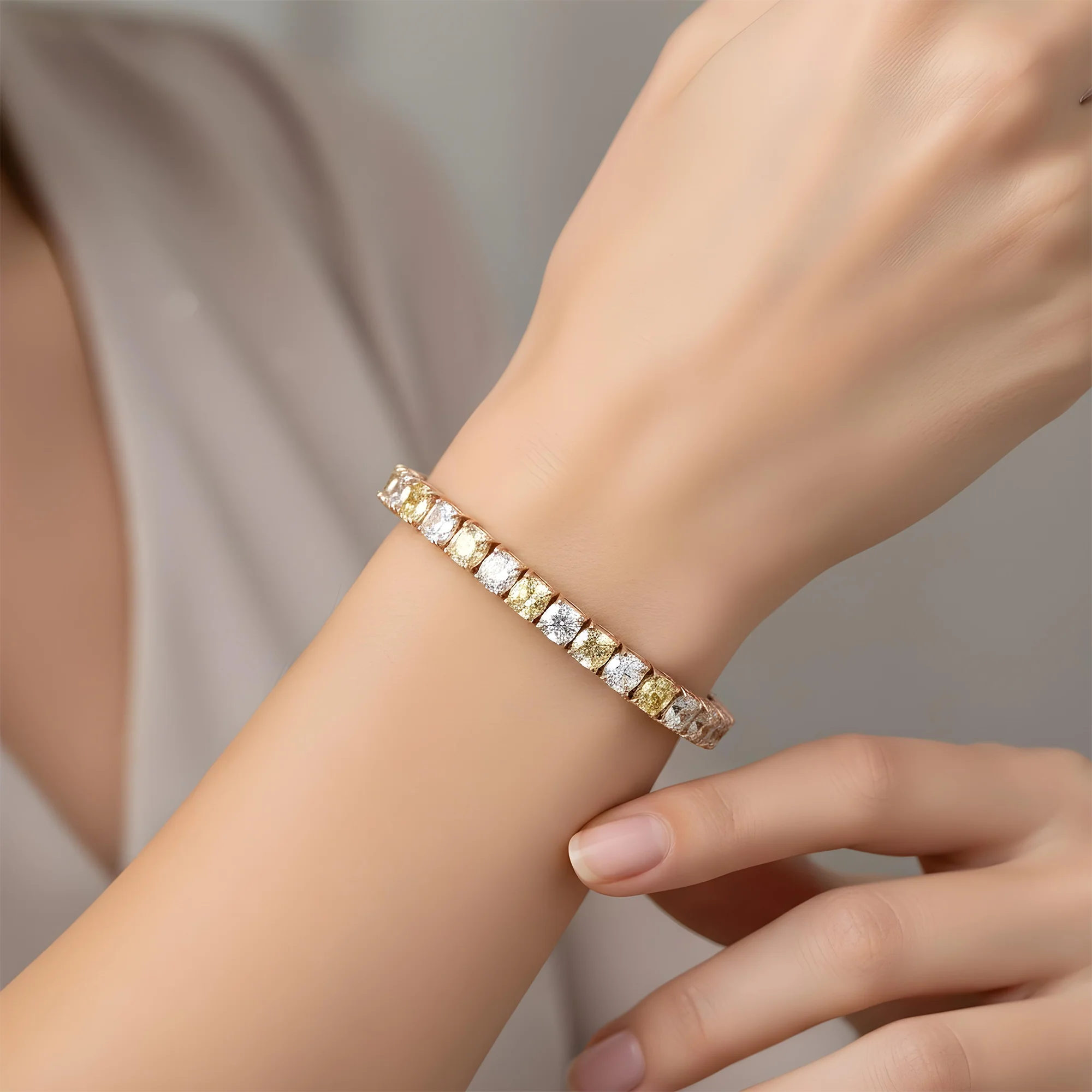 18K Two Tone Fancy Light Yellow & White Cushion Cut Diamond Tennis Bracelet 31.02ct - Image 8