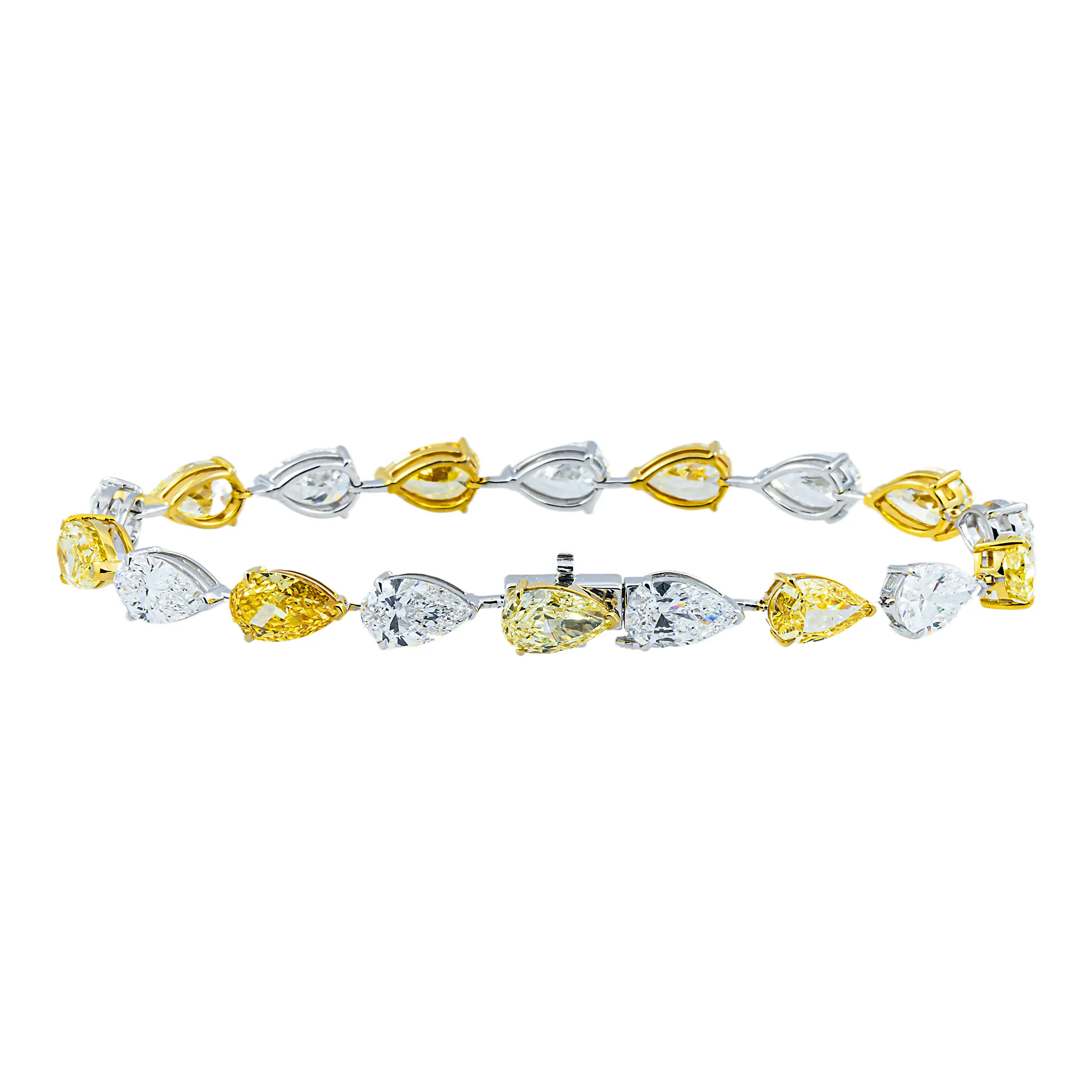 14K Two Tone Fancy Yellow & White Pear Cut Diamond Satellite Bracelet 20.21ct - Image 3