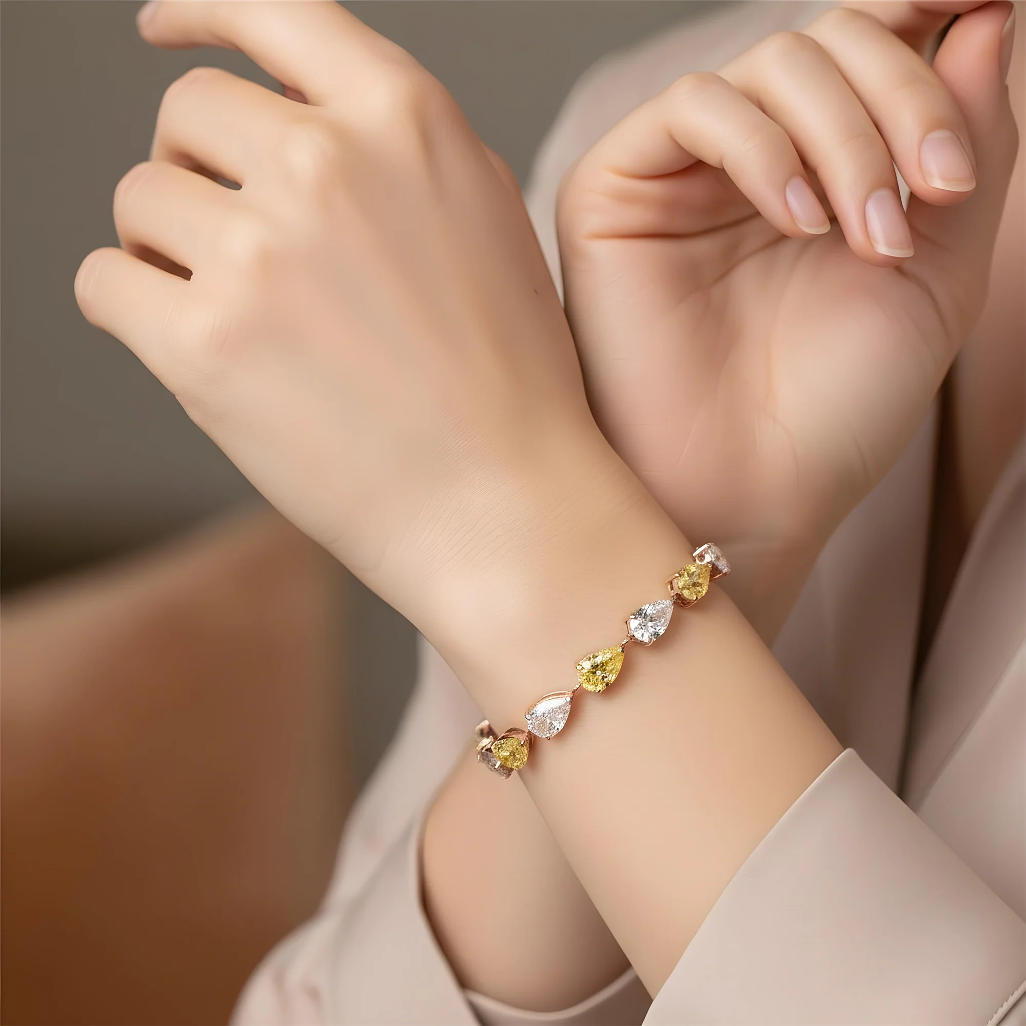 14K Two Tone Fancy Yellow & White Pear Cut Diamond Satellite Bracelet 20.21ct - Image 8