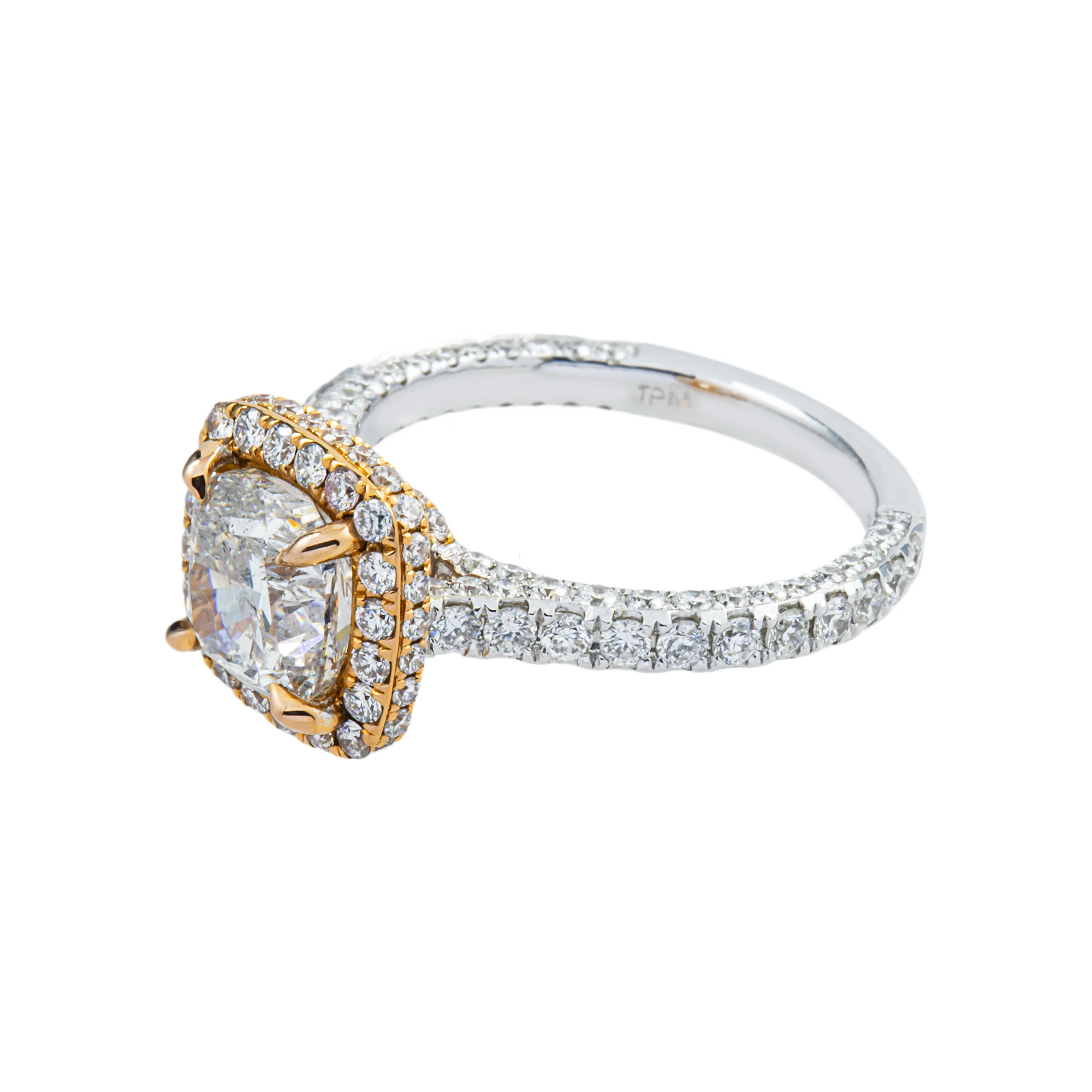 18K Two Tone Rose Gold 2.0ct Cushion Cut Diamond Engagement Ring 3.60ctw - Image 3