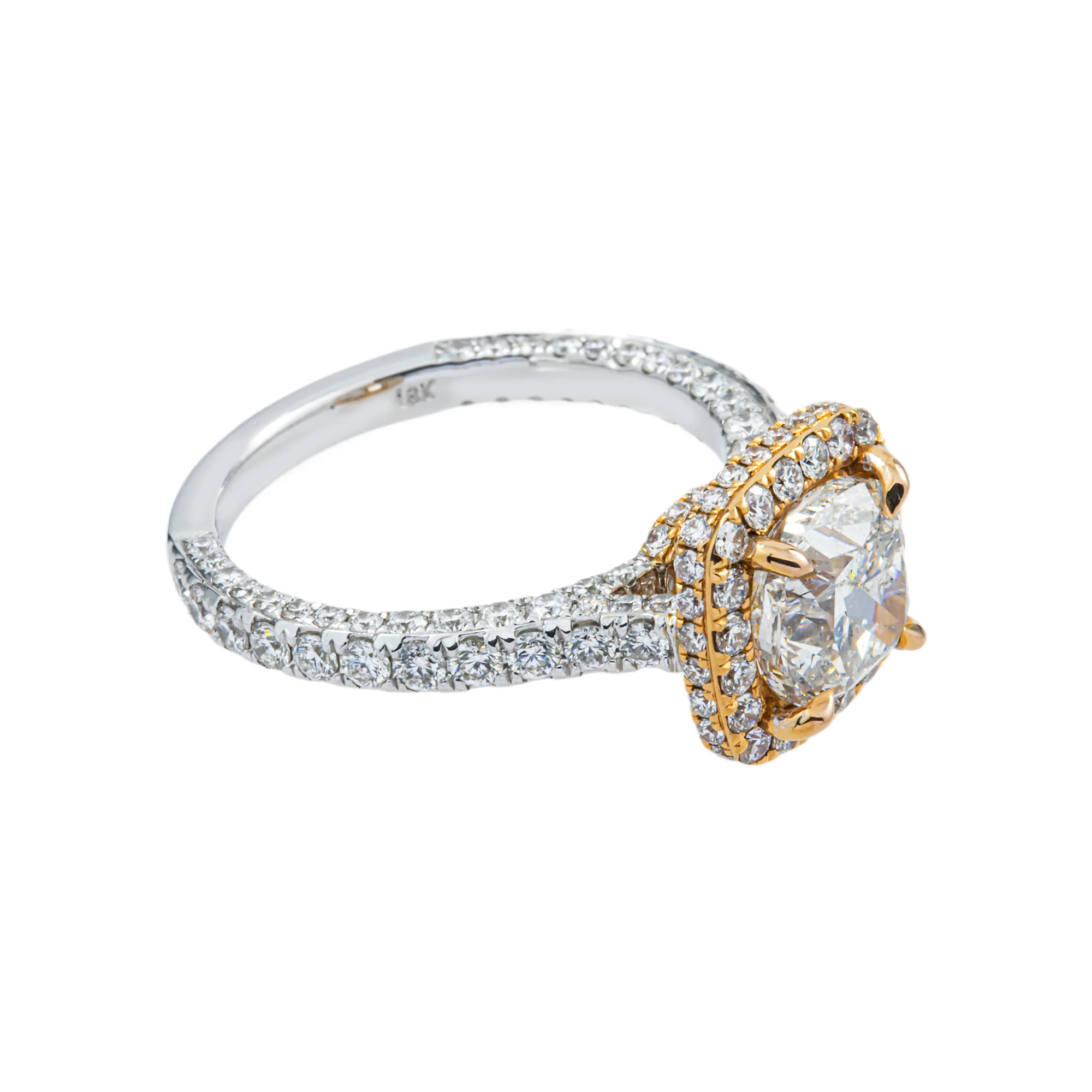 18K Two Tone Rose Gold 2.0ct Cushion Cut Diamond Engagement Ring 3.60ctw - Image 5