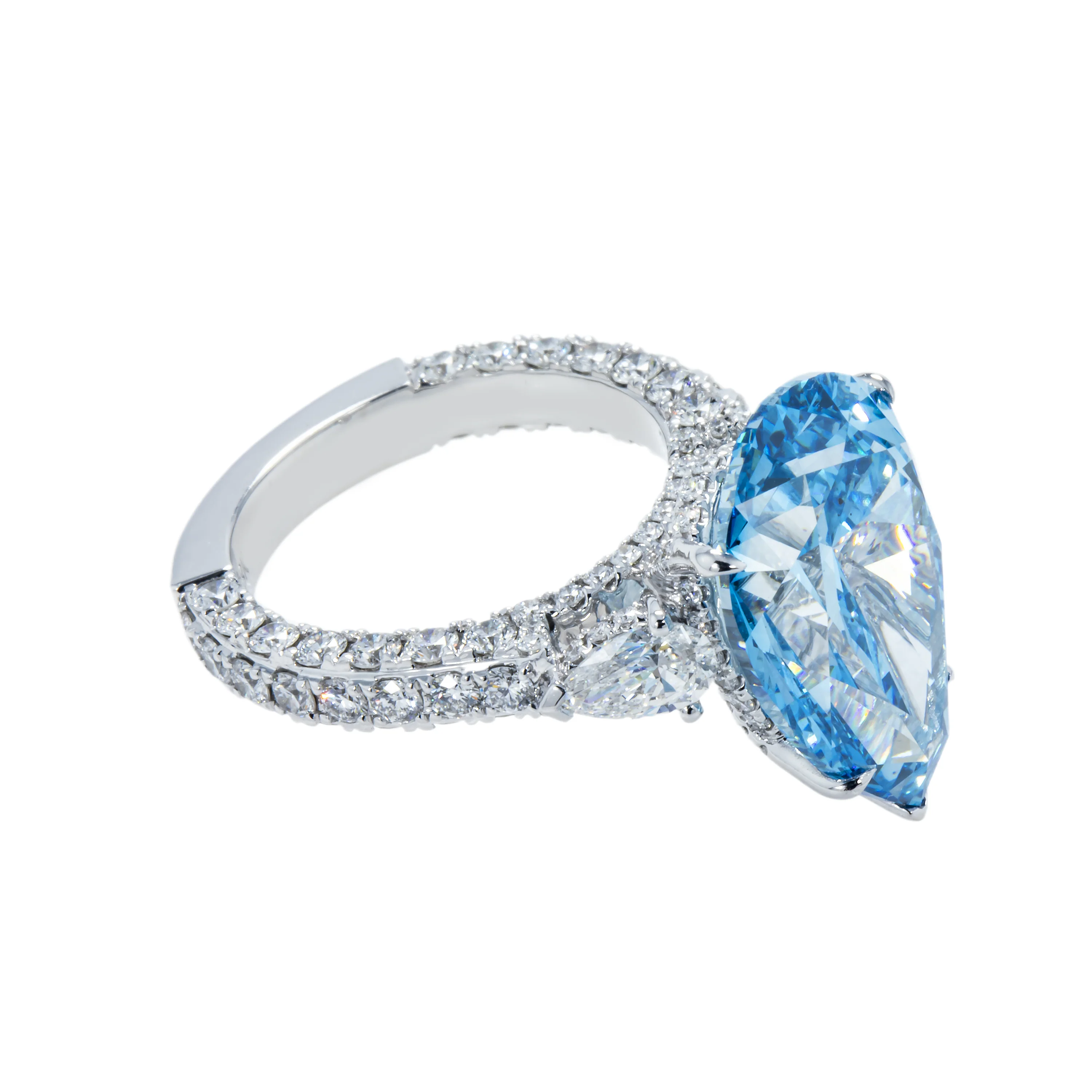 18K White Gold 10.10ct Pear Cut Fancy Blue Vivid Diamond Ring 12.90ctw - Image 4