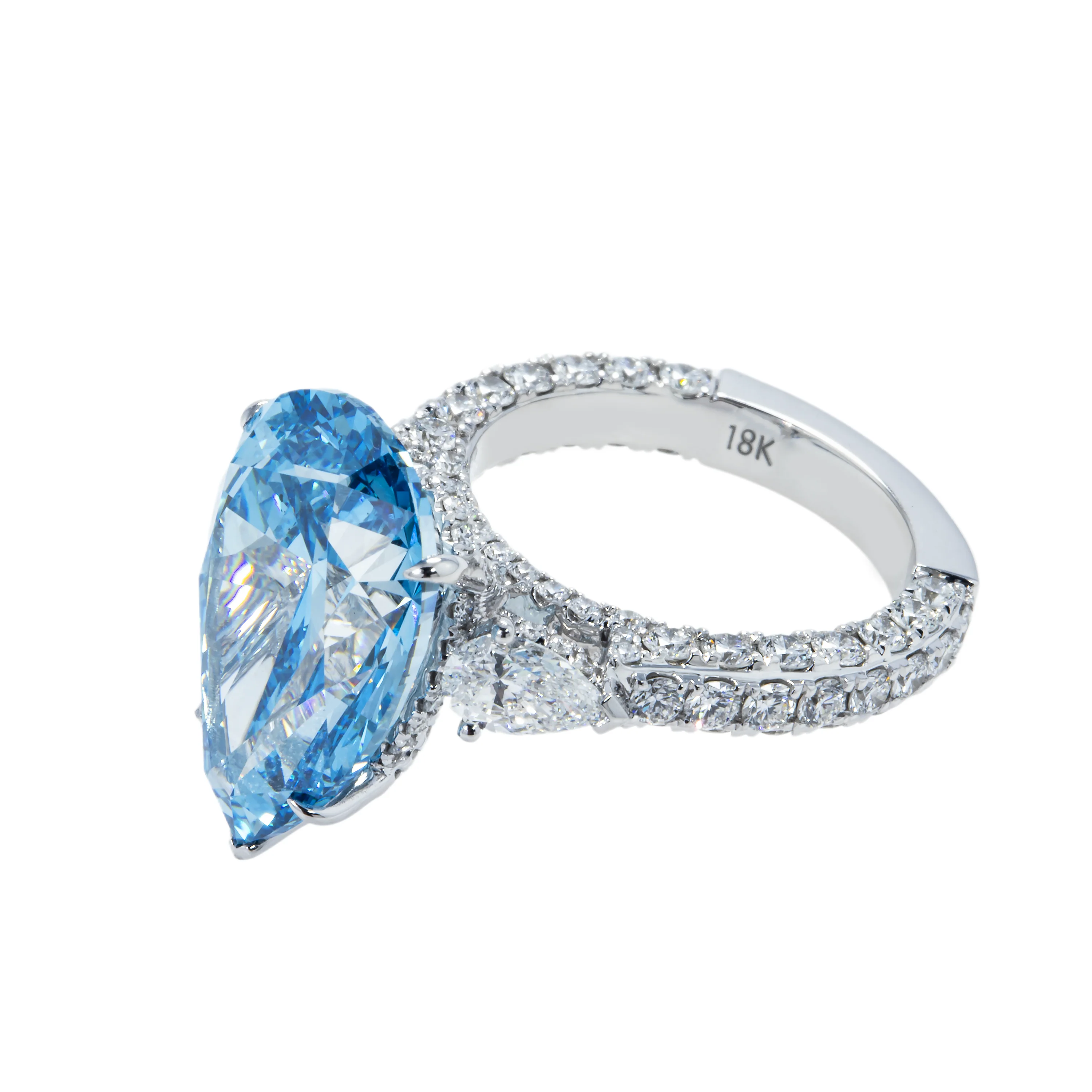18K White Gold 10.10ct Pear Cut Fancy Blue Vivid Diamond Ring 12.90ctw - Image 6