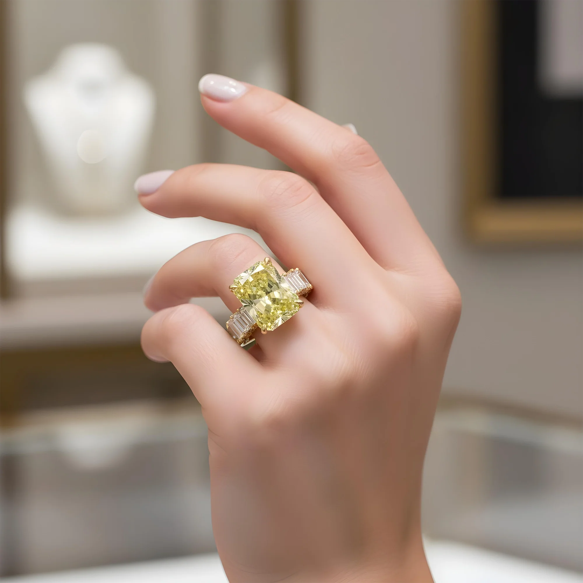18K White Gold 14.15ct Radiant Fancy Vivid Yellow Diamond Ring 18.42ctw - Image 7