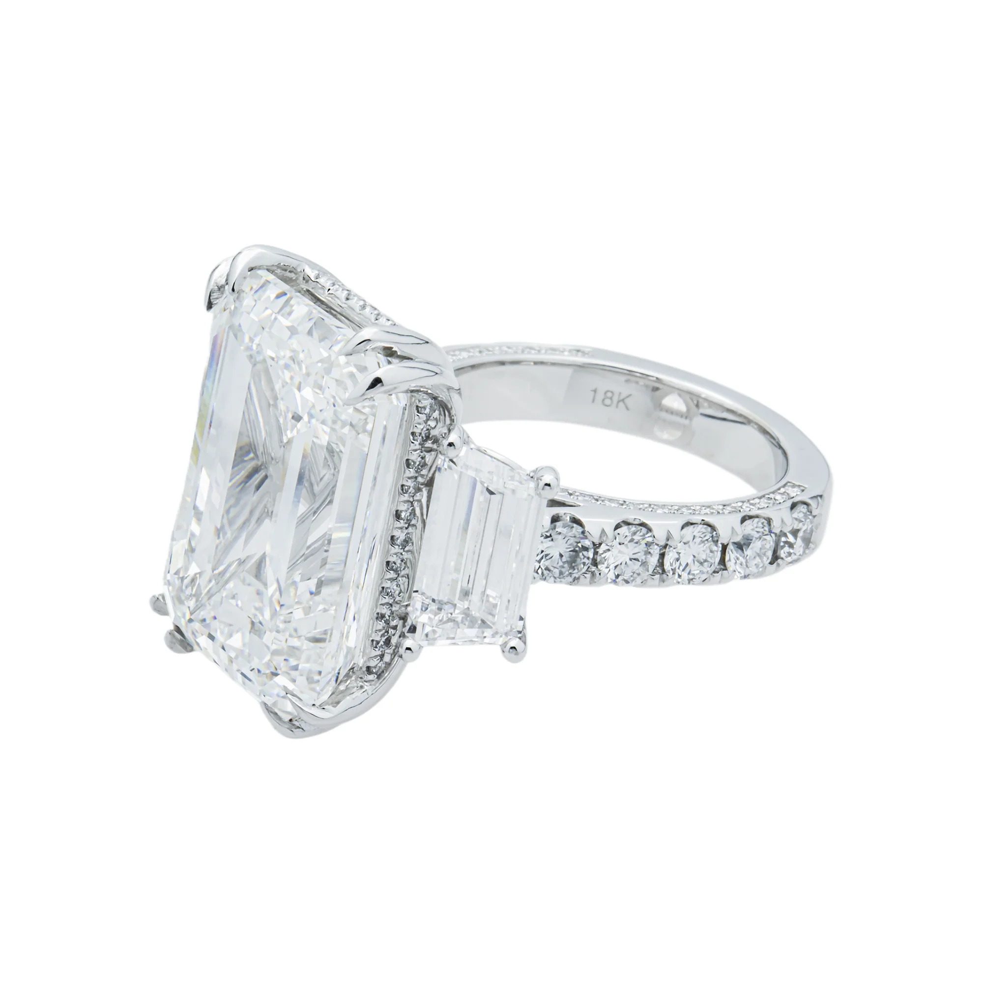18K White Gold 18.19ct Emerald Triple Diamond Engagement Ring 23.19ctw - Image 4
