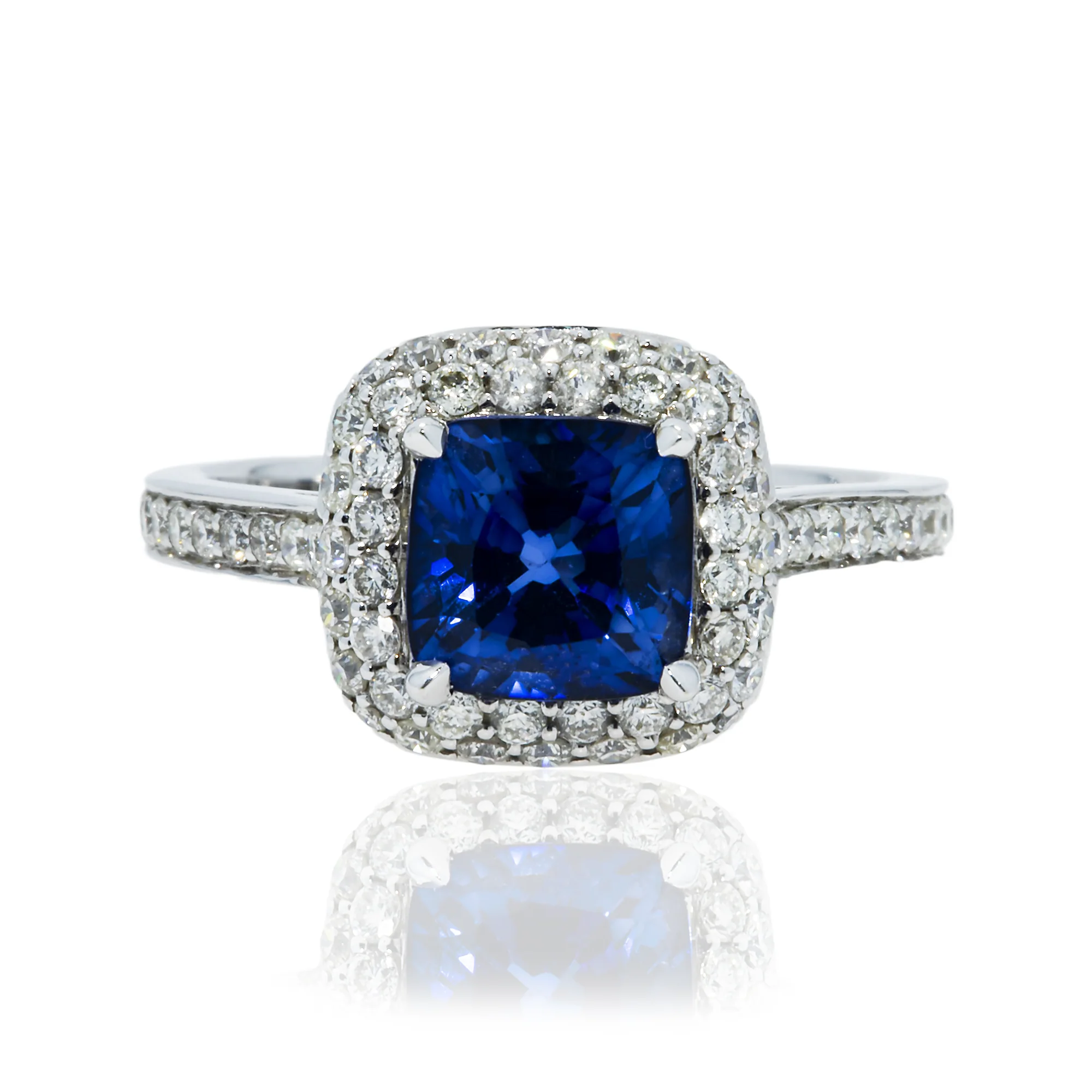 18K White Gold 2.44ct Cushion Cut Sapphire Gemstone & Diamond Ring 3.33ctw