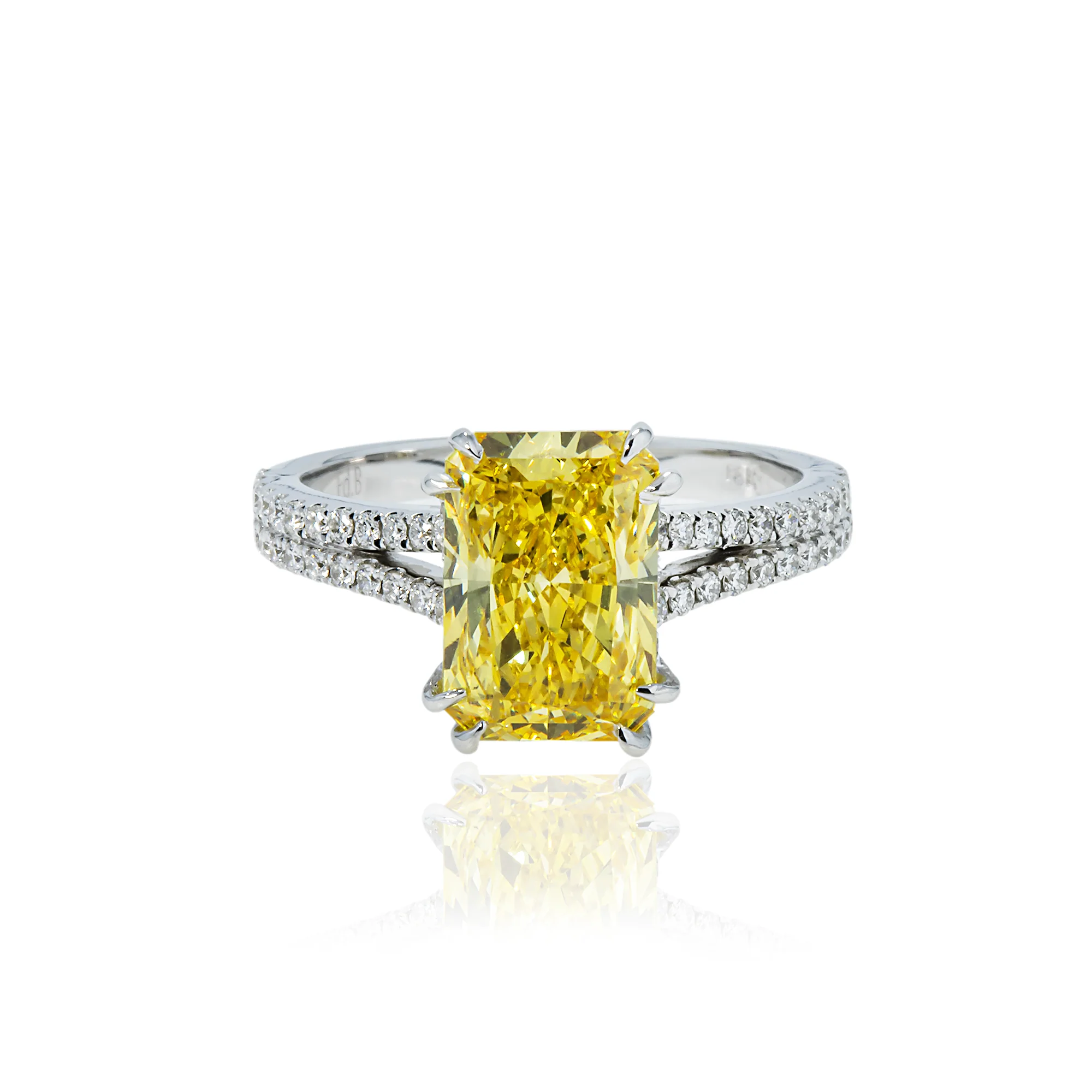 18K White Gold 3.32ct Radiant Cut Fancy Vivid Yellow Diamond Ring 3.83ctw