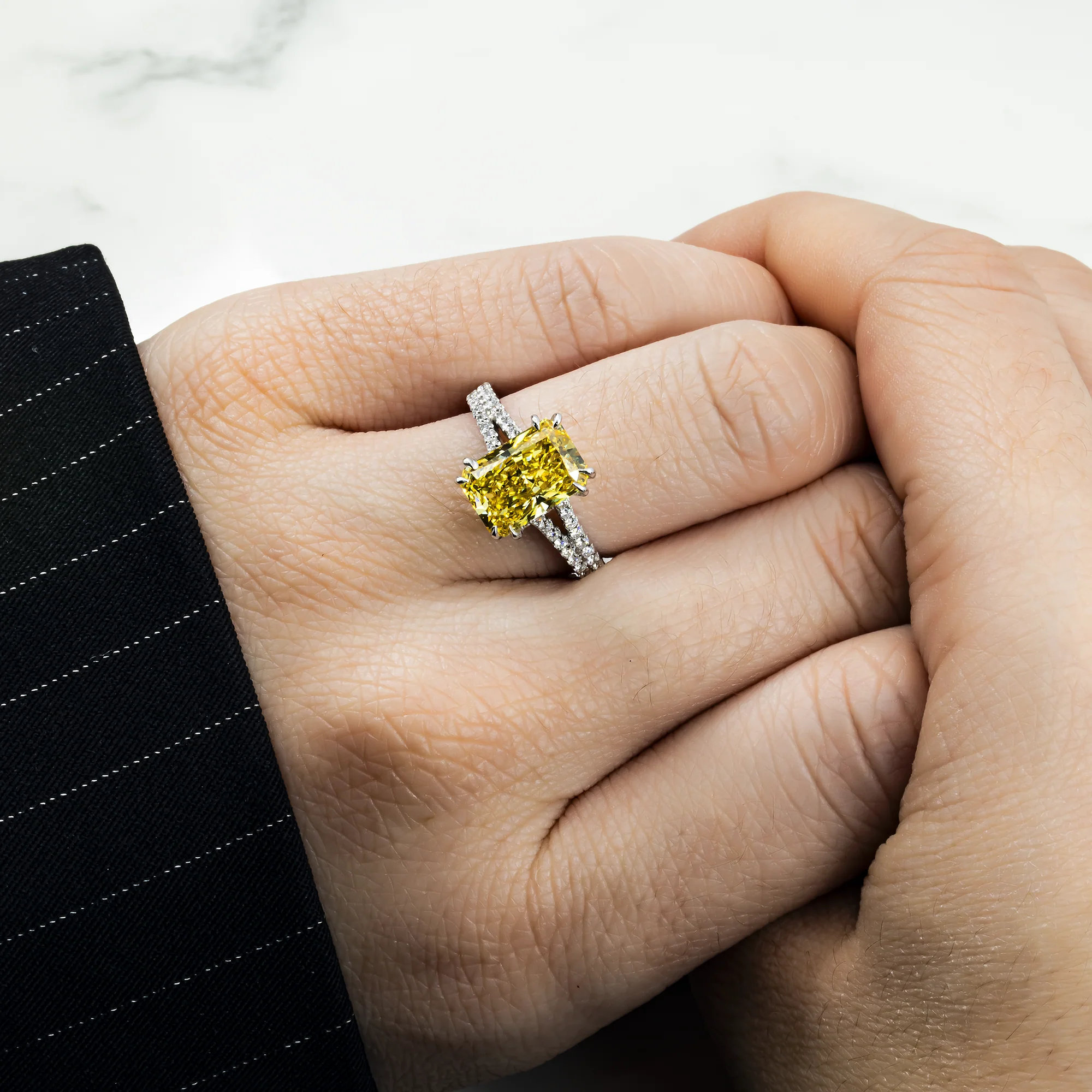 18K White Gold 3.32ct Radiant Cut Fancy Vivid Yellow Diamond Ring 3.83ctw - Image 2