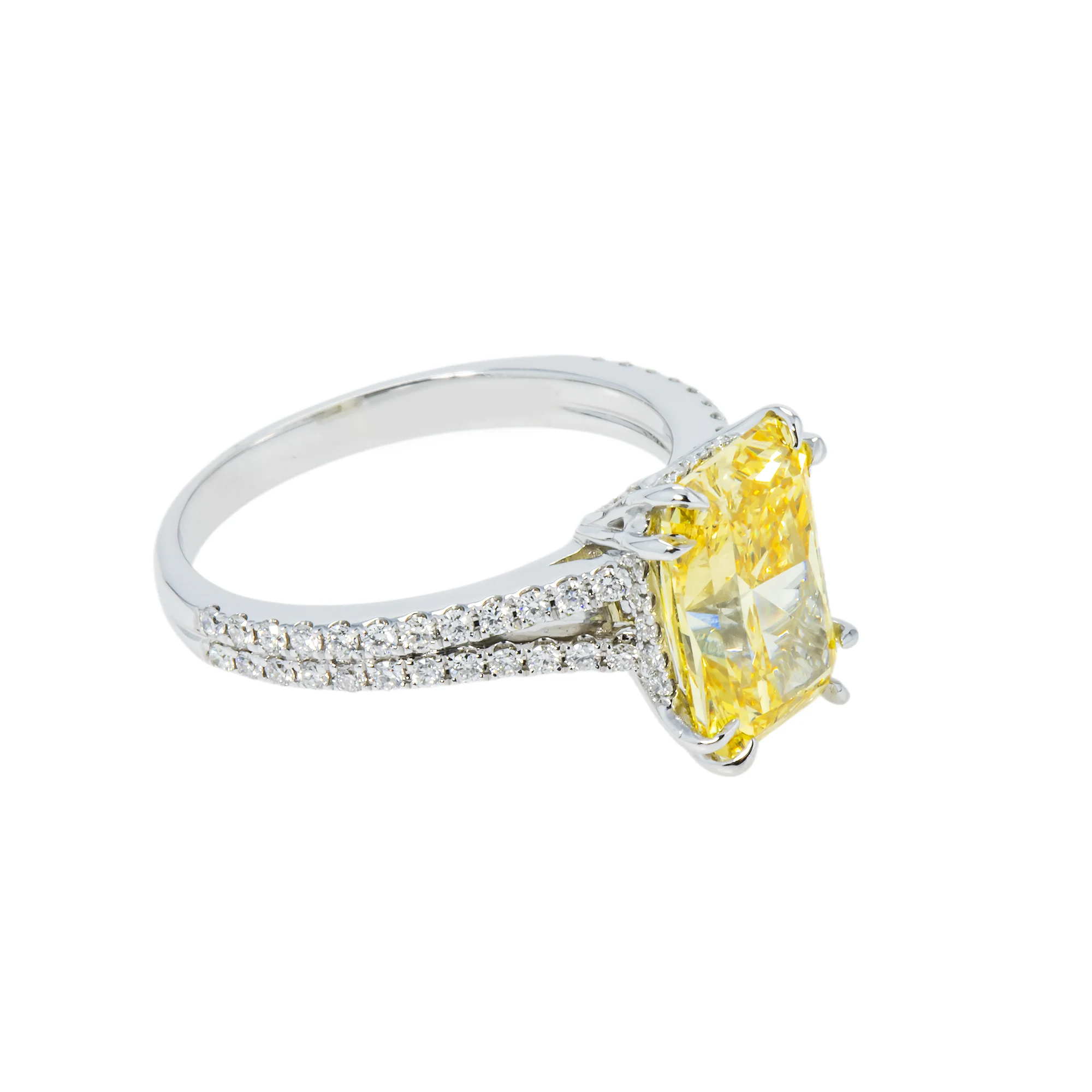 18K White Gold 3.32ct Radiant Cut Fancy Vivid Yellow Diamond Ring 3.83ctw - Image 4