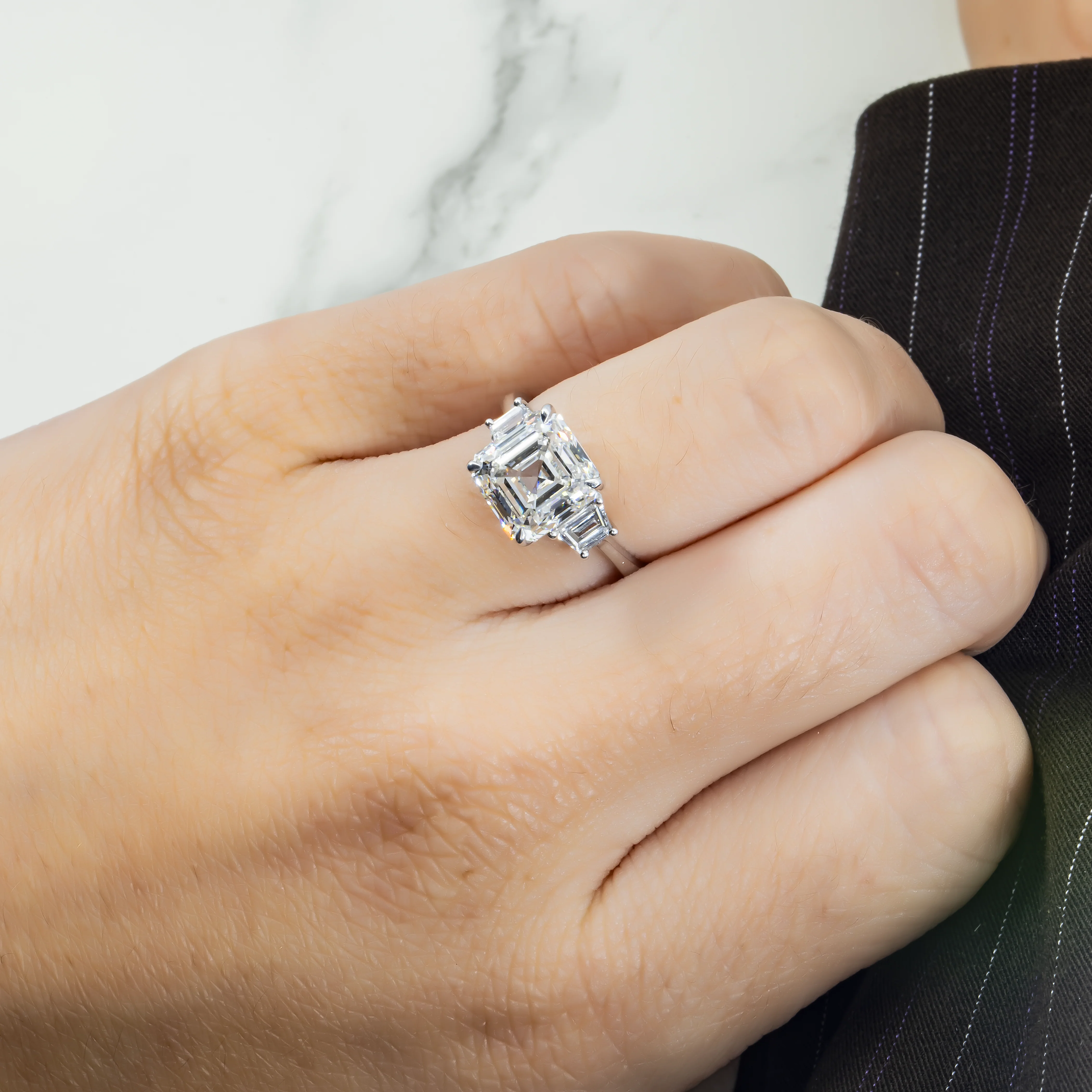 18K White Gold 4.53ct Asscher Cut Triple Diamond Engagement Ring 4.97ctw - Image 3