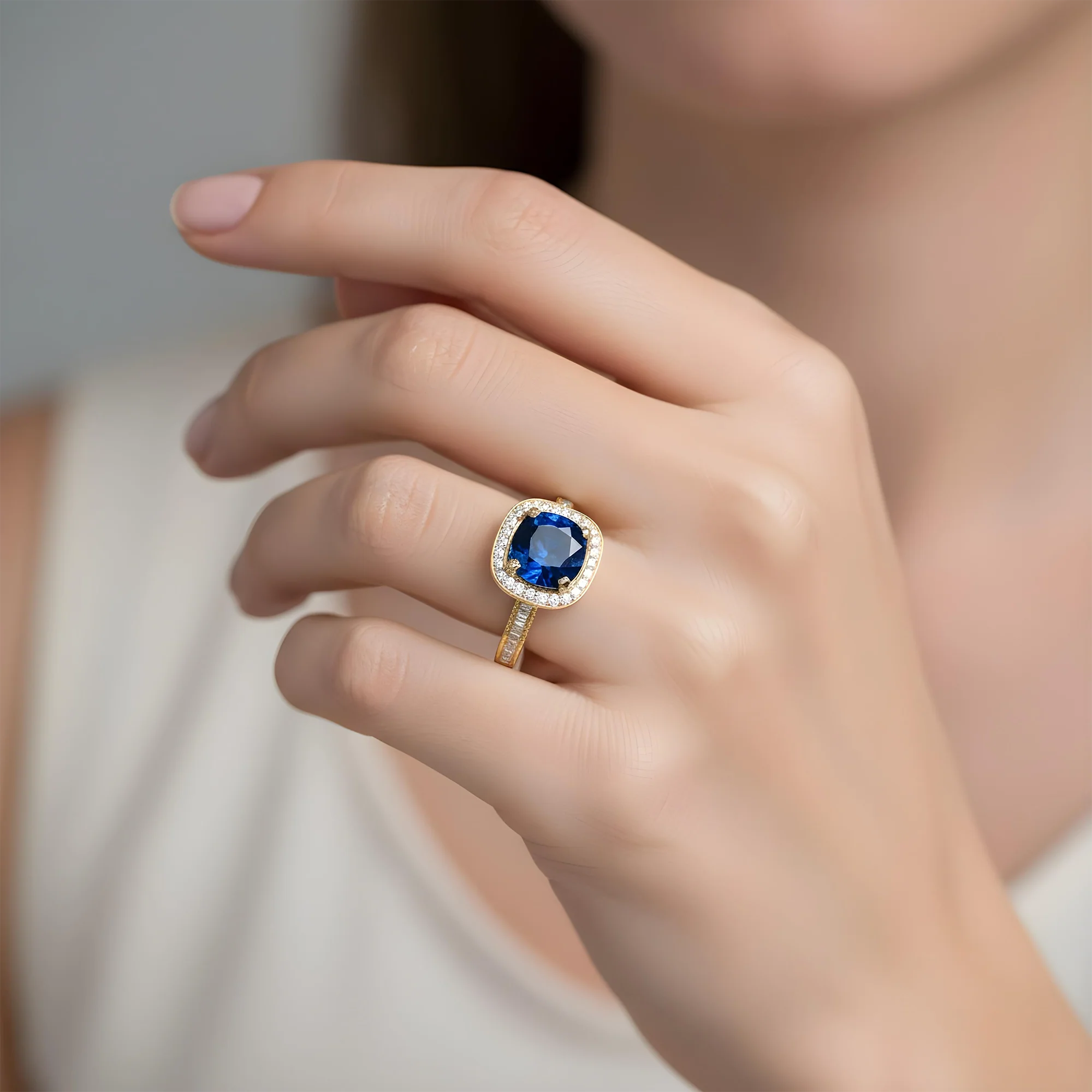18K White Gold 5.01ct Cushion Cut Sapphire Gemstone Ring 6.01ctw - Image 7