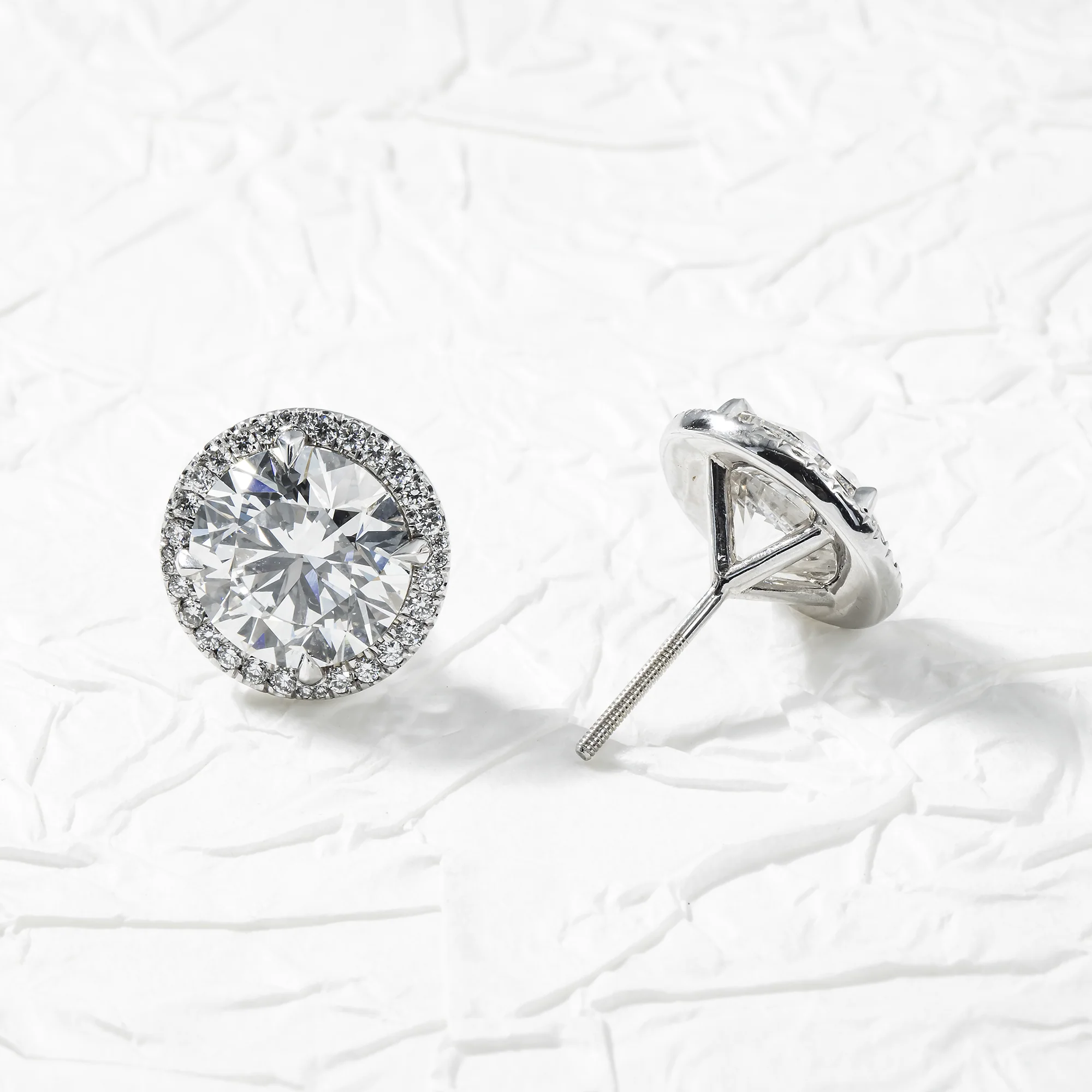 18K White Gold 5ct Each Round Diamond Stud Earrings W/ Halo 10.55ctw - Image 3
