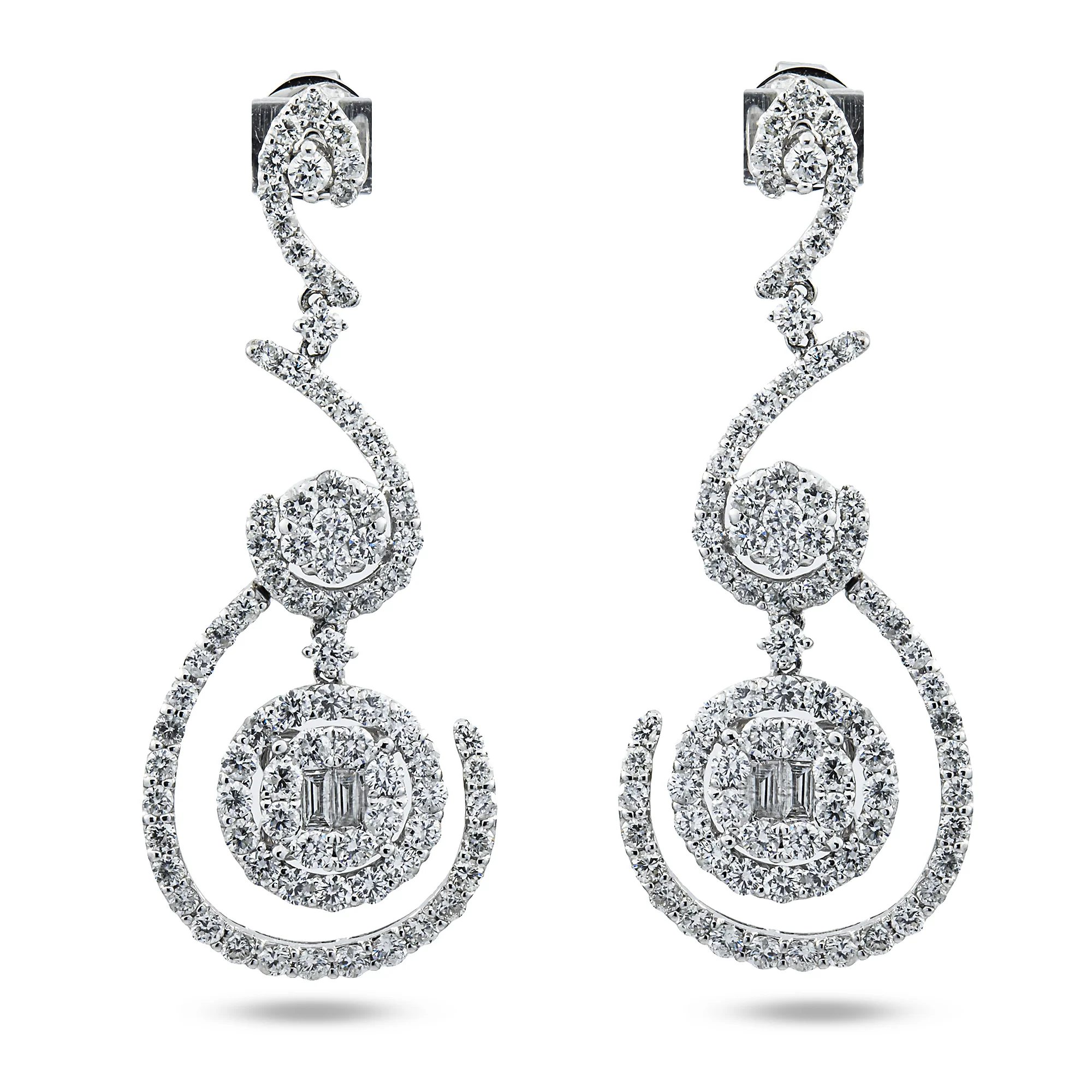 18K White Gold Artistic Round & Baguette Diamond Drop Earrings 5.13ctw