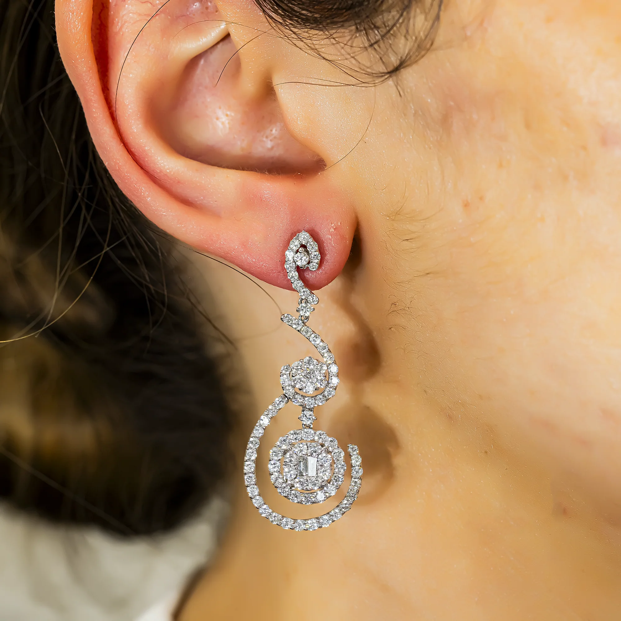 18K White Gold Artistic Round & Baguette Diamond Drop Earrings 5.13ctw - Image 2