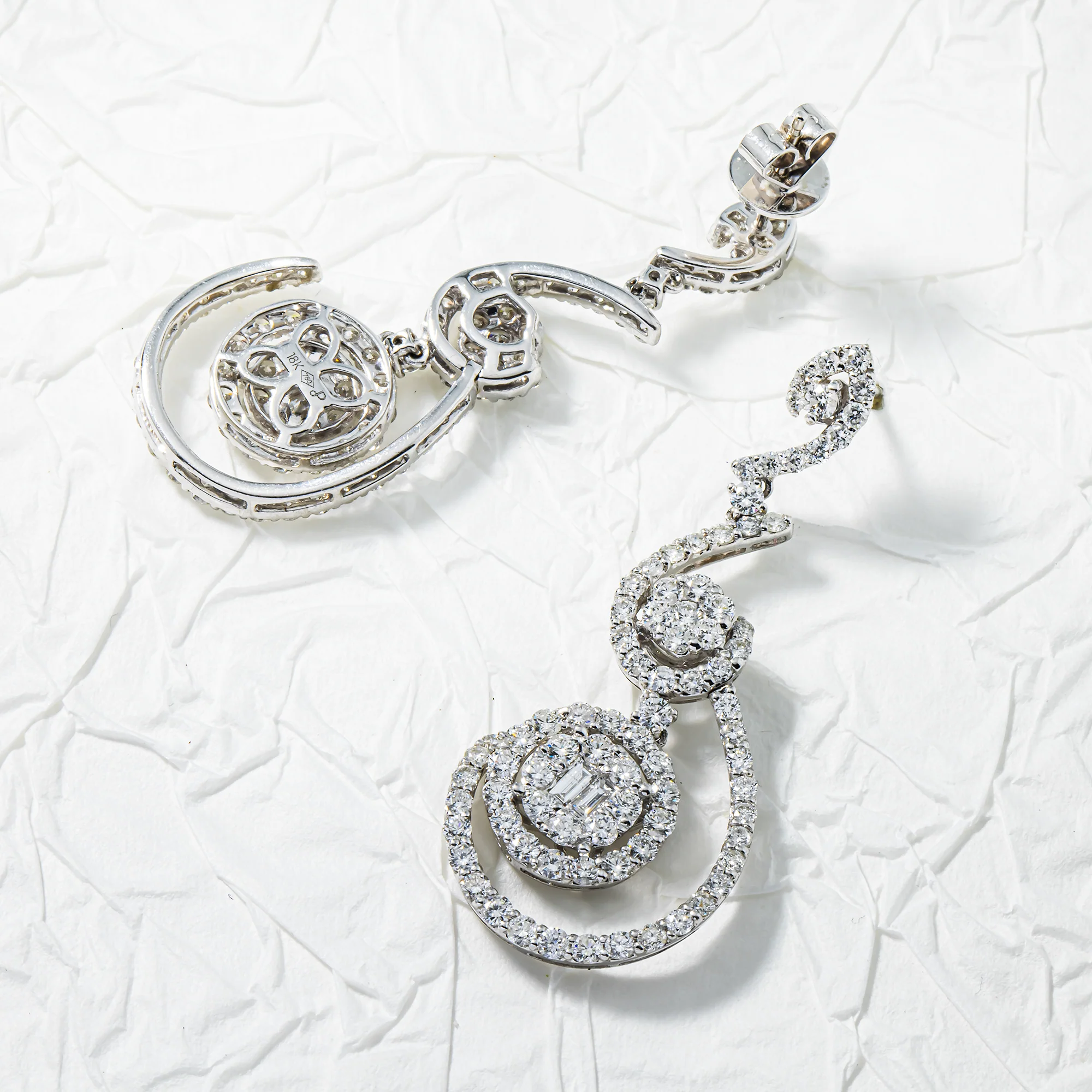18K White Gold Artistic Round & Baguette Diamond Drop Earrings 5.13ctw - Image 3