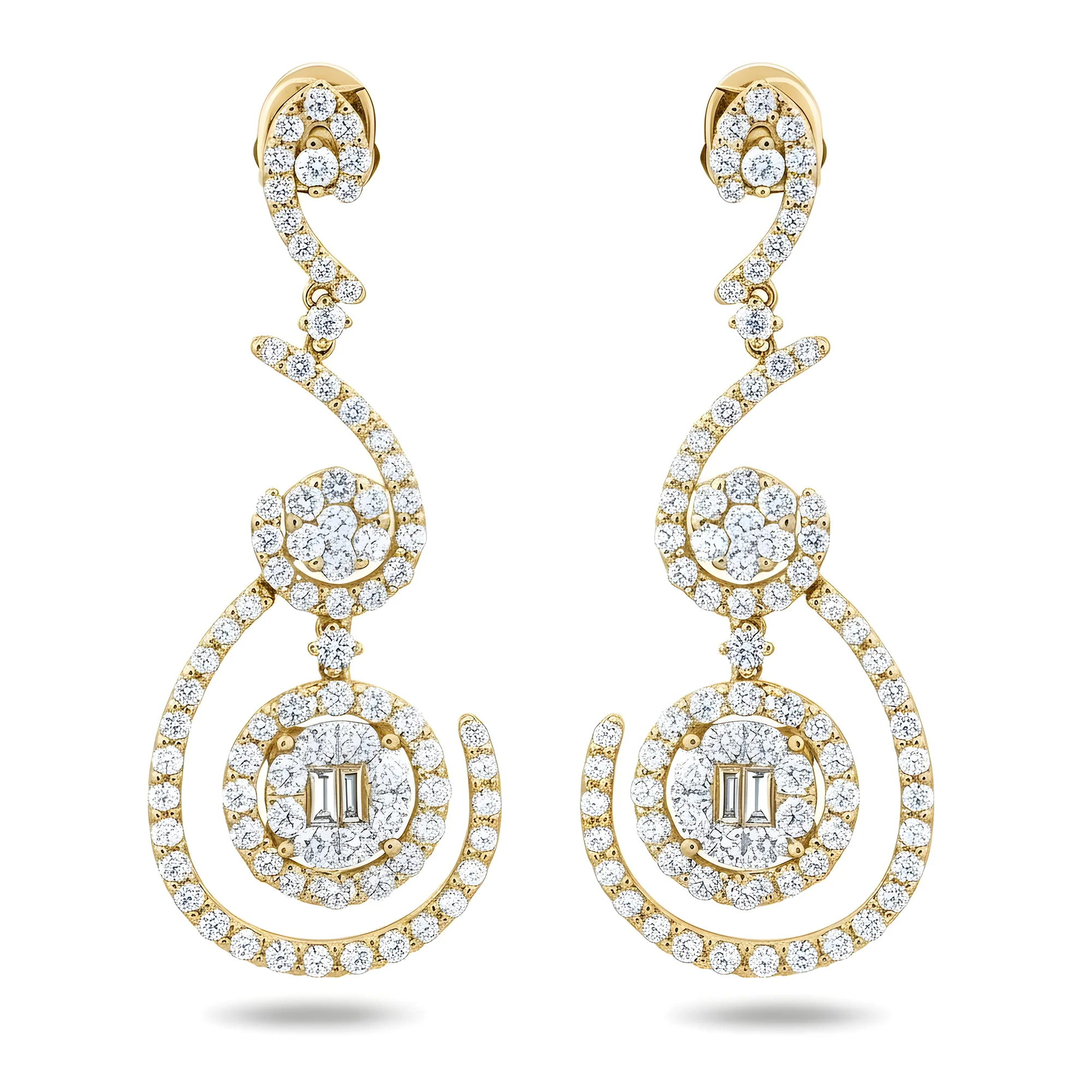 18K White Gold Artistic Round & Baguette Diamond Drop Earrings 5.13ctw - Image 4