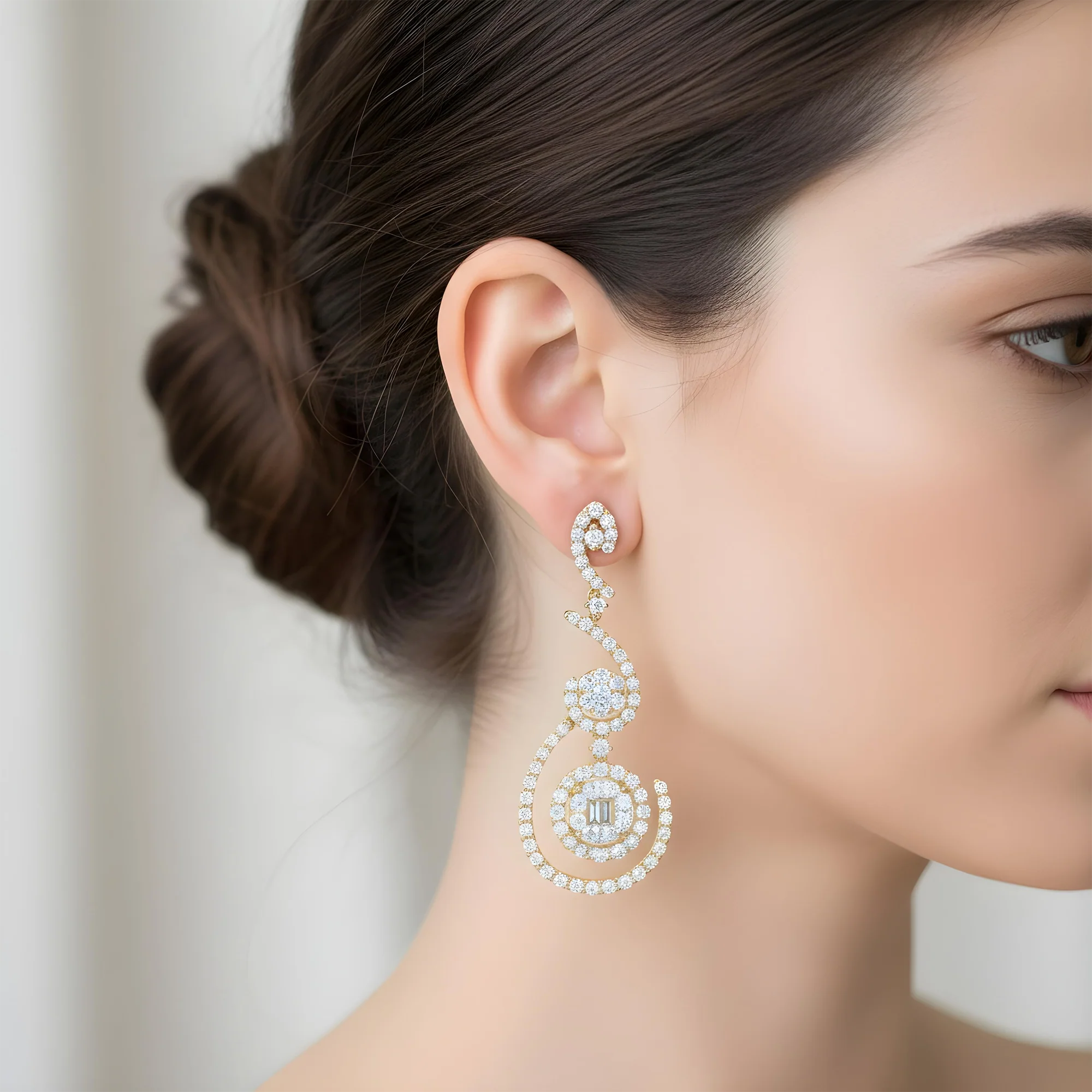 18K White Gold Artistic Round & Baguette Diamond Drop Earrings 5.13ctw - Image 5