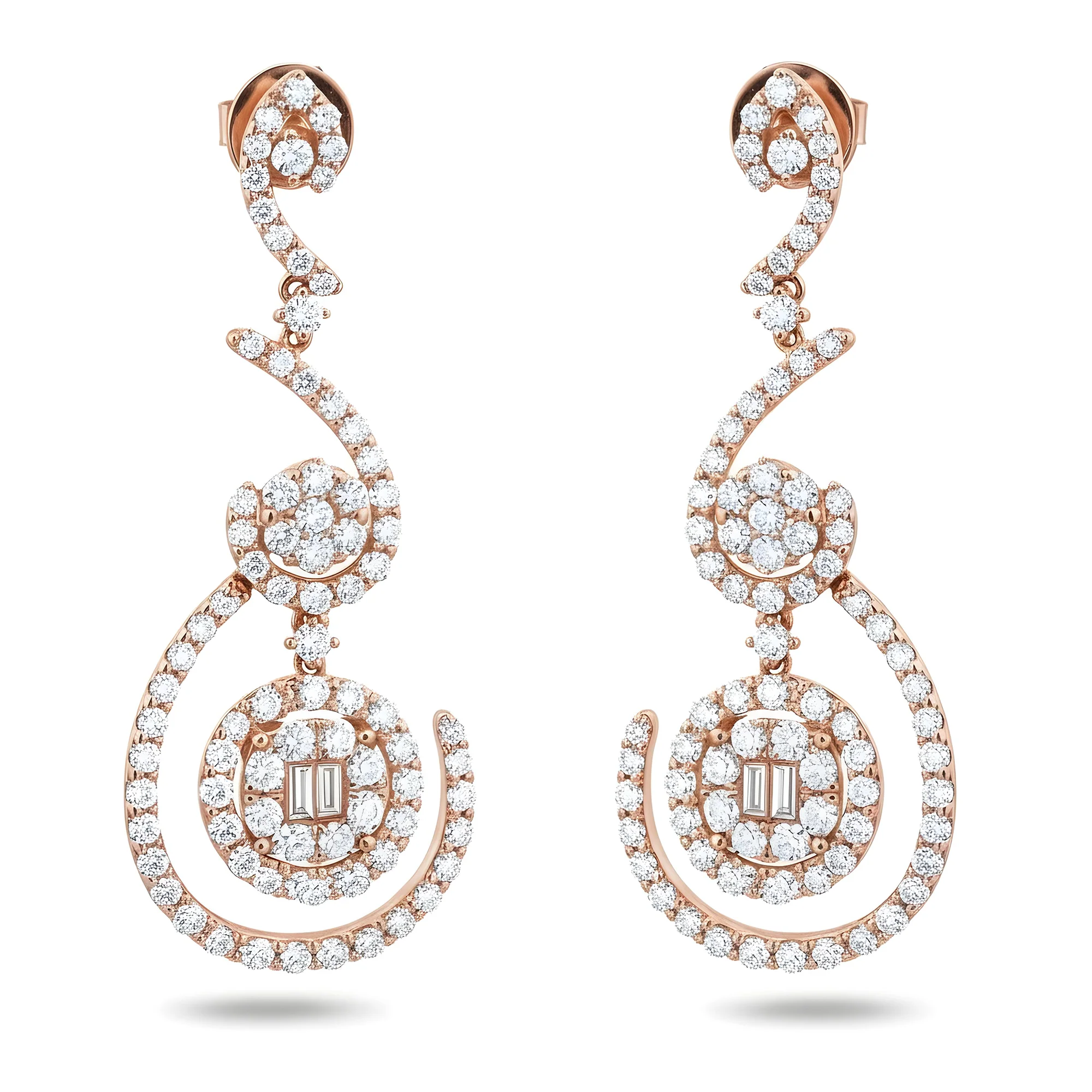 18K White Gold Artistic Round & Baguette Diamond Drop Earrings 5.13ctw - Image 6