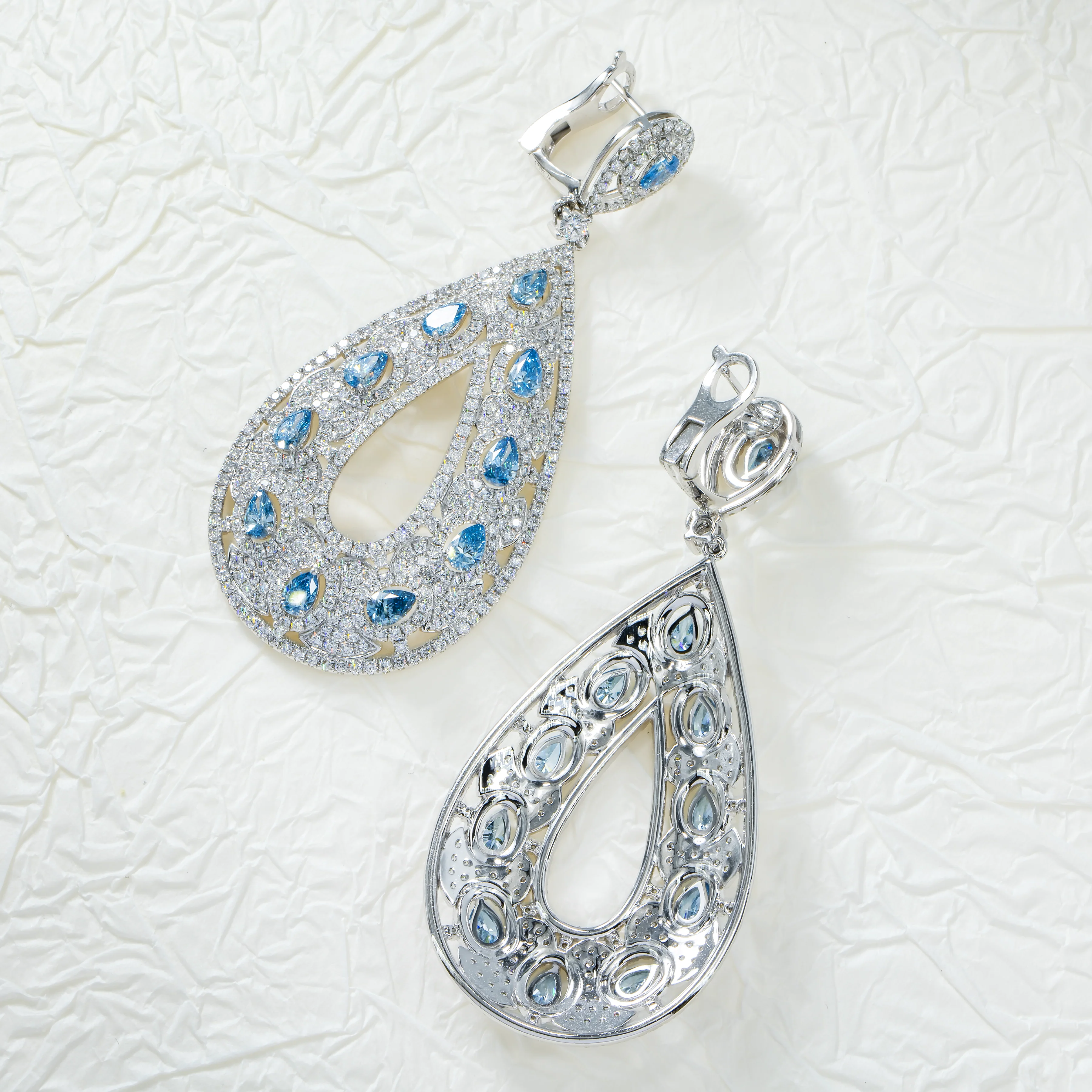 18K White Gold Blue Diamond Raindrop Earrings 12.25ctw - Image 3