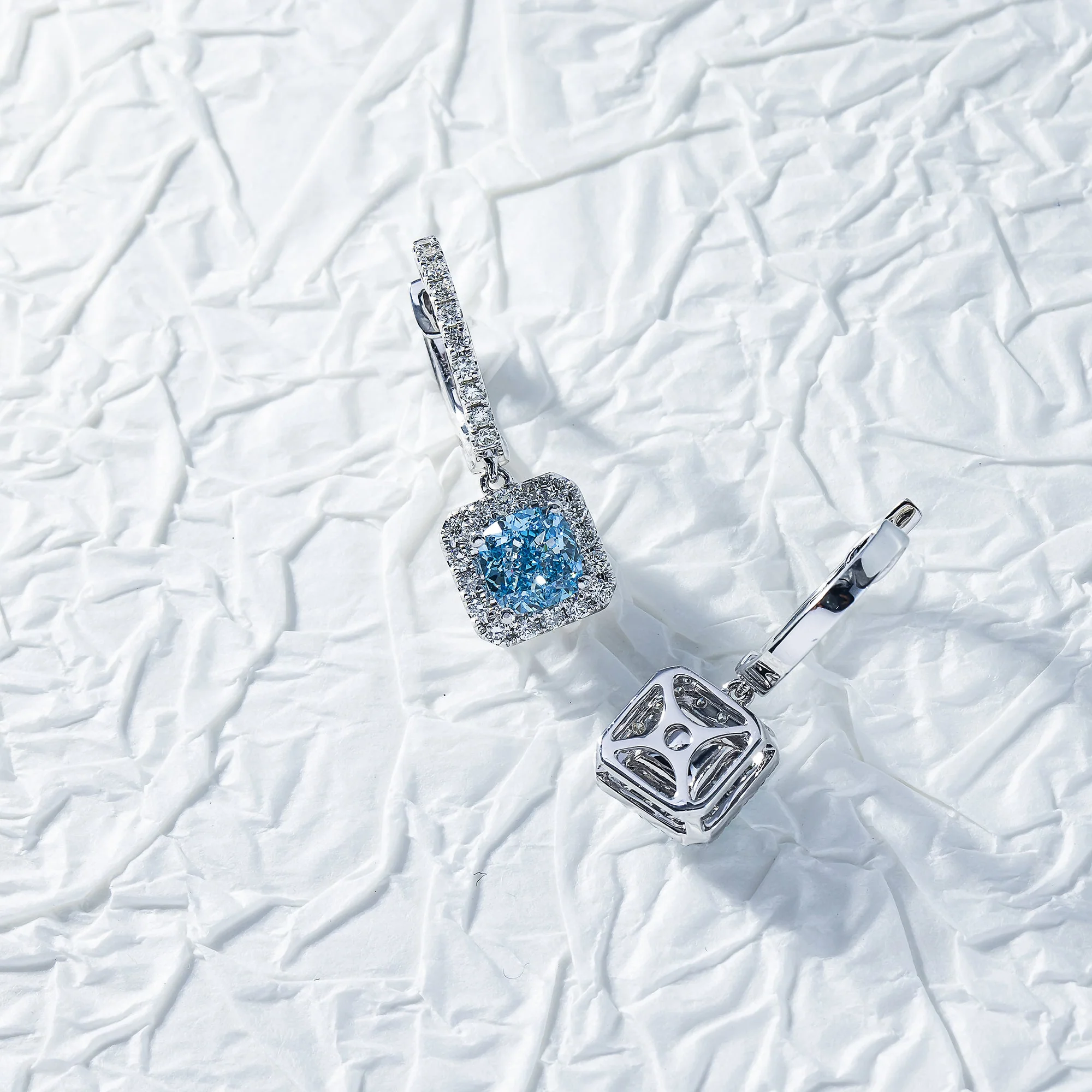 18K White Gold Cusion Cut Fancy Vivid Blue Diamond Drop Earrings 2.80ctw - Image 3