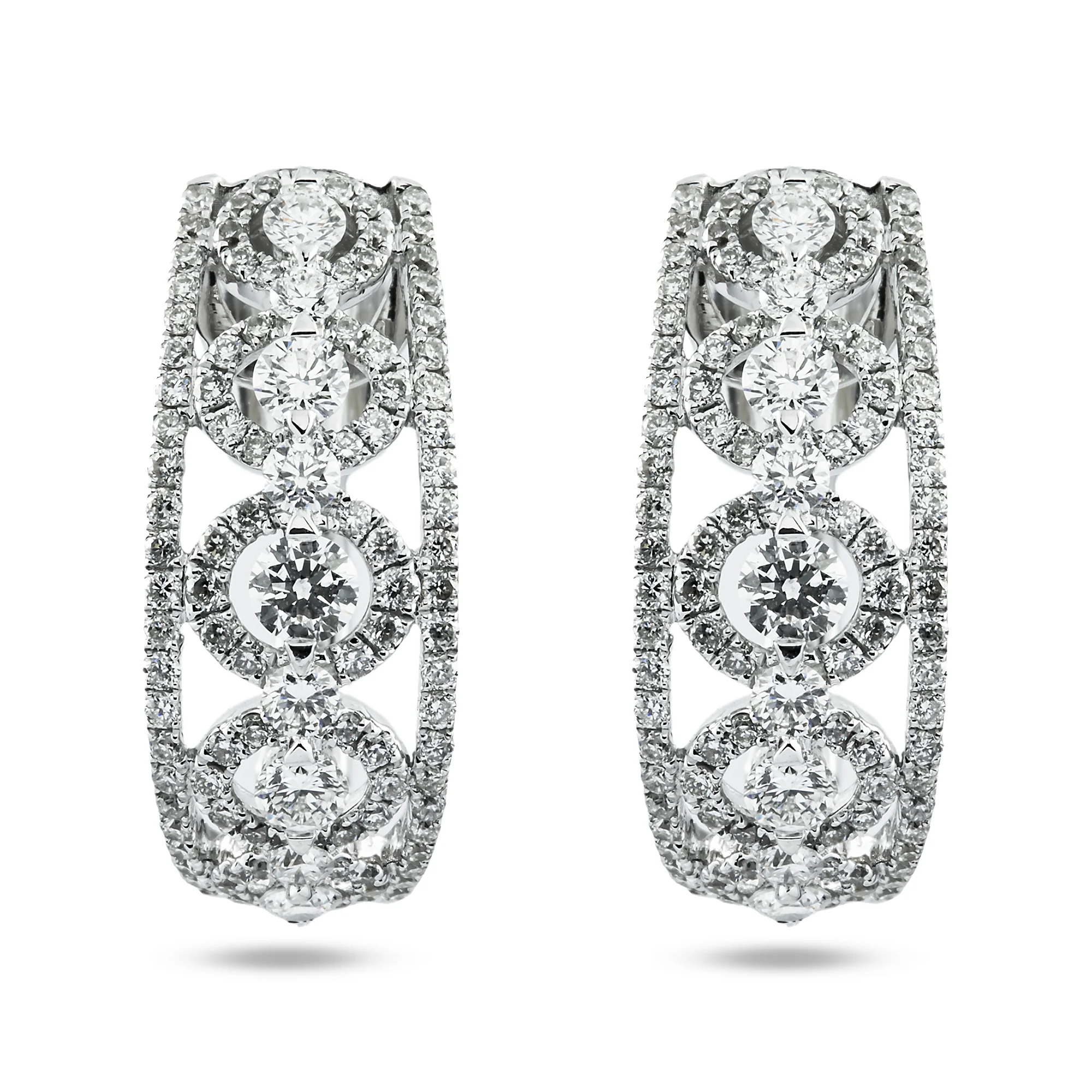 18K White Gold Detailed Round Diamond Hoop Earrings 1.64ctw