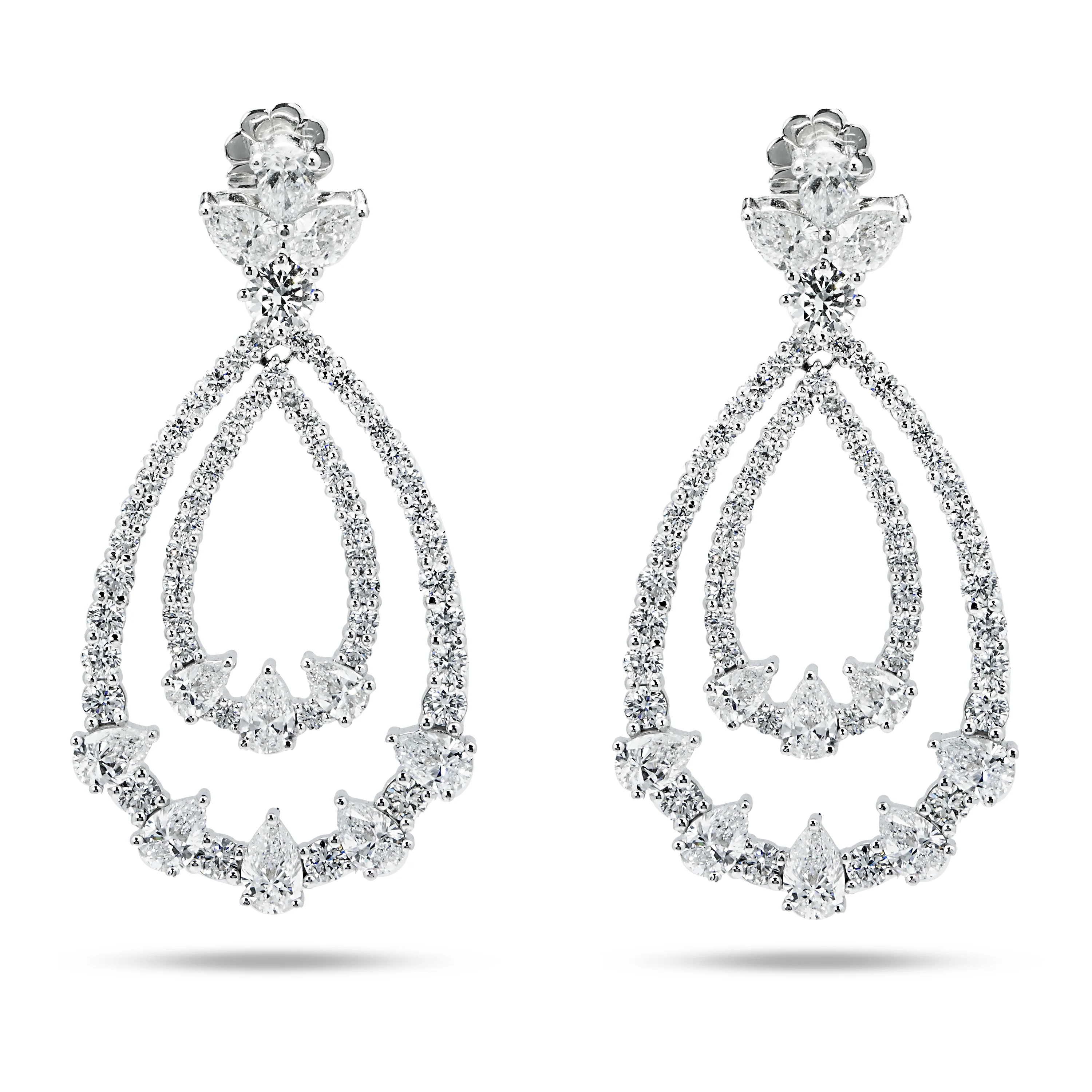 18K White Gold Double Teardrop Pear & Round Cut Diamond Earrings 10.26ctw