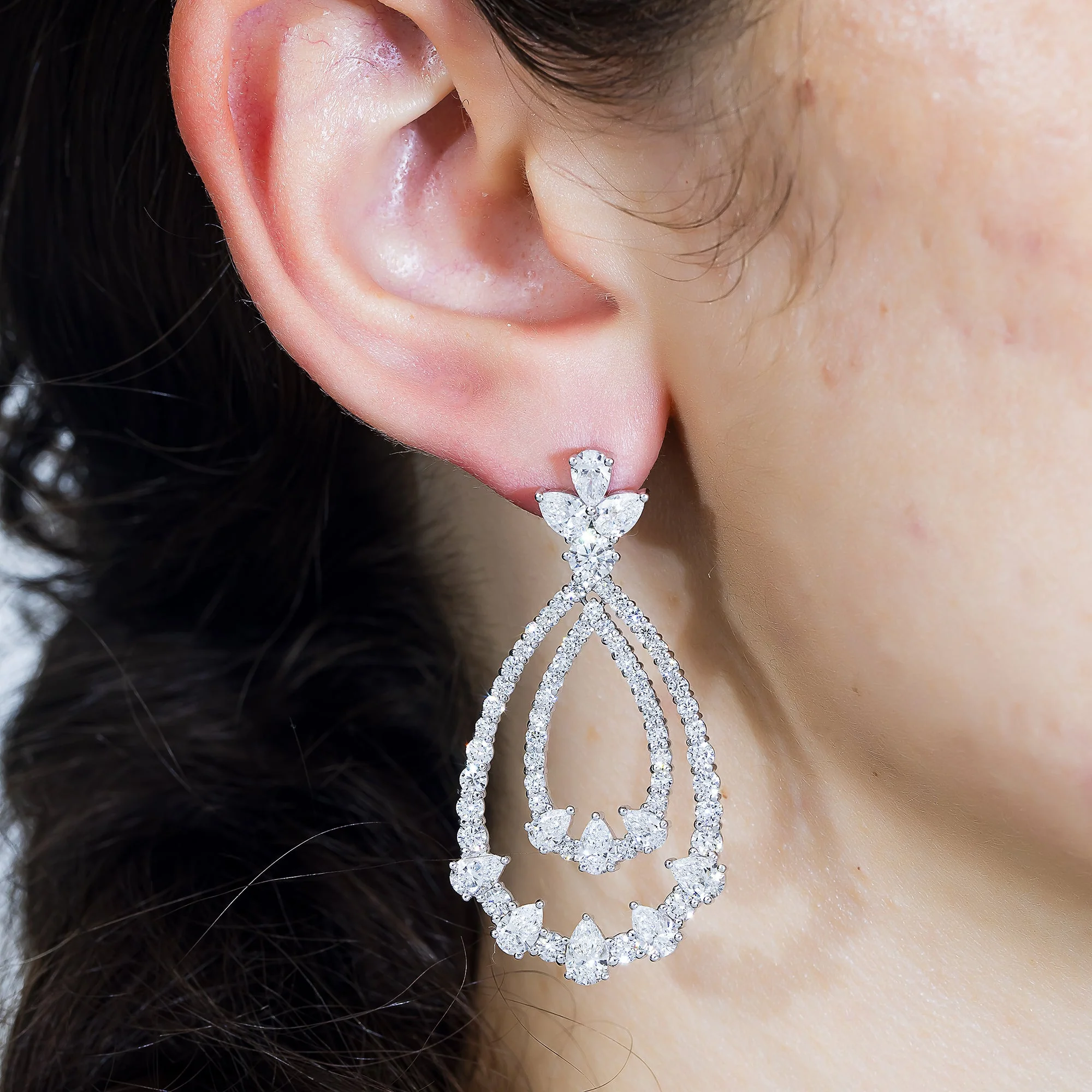 18K White Gold Double Teardrop Pear & Round Cut Diamond Earrings 10.26ctw - Image 3