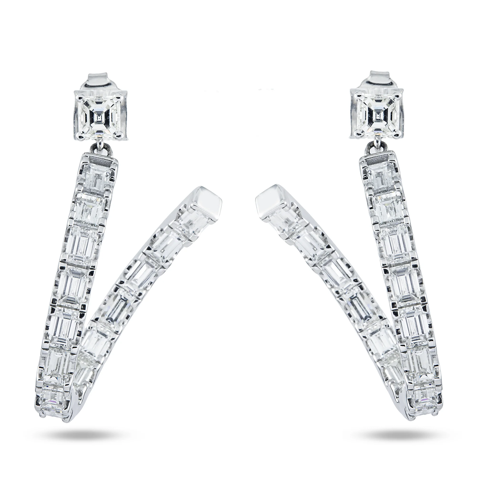 18K White Gold Emerald Cut Diamond Curved Inside Out Hoop Earrings 5.73ctw