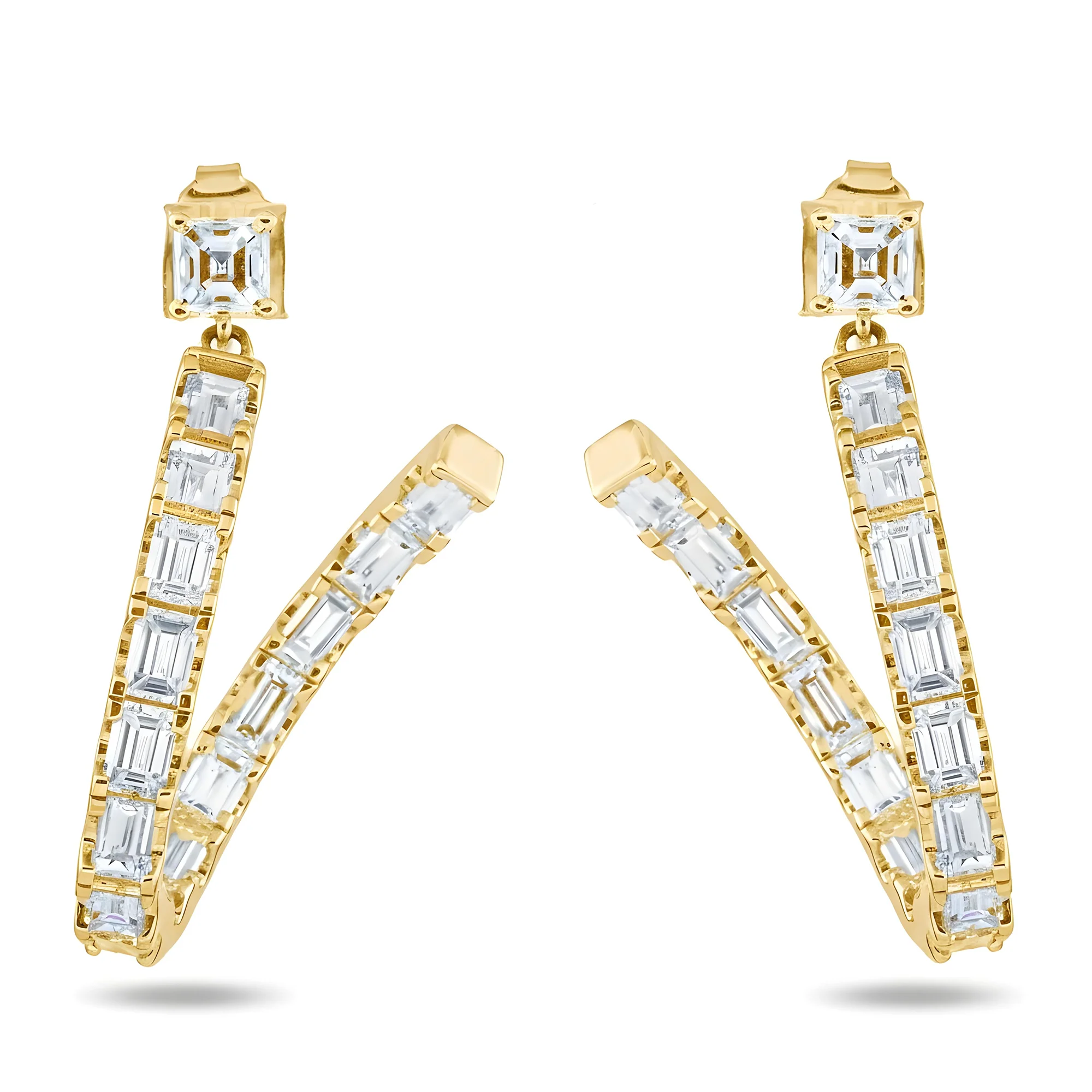 18K White Gold Emerald Cut Diamond Curved Inside Out Hoop Earrings 5.73ctw - Image 4