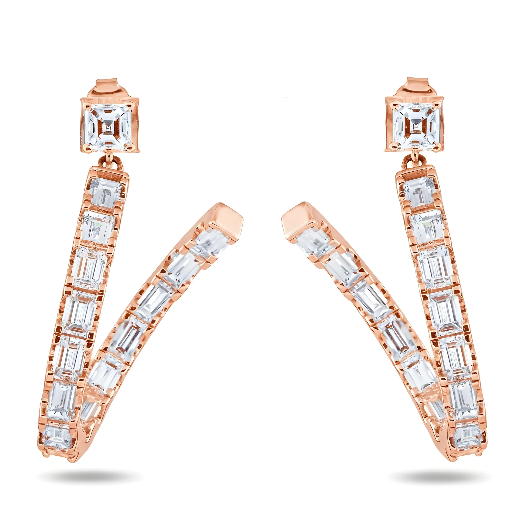 18K White Gold Emerald Cut Diamond Curved Inside Out Hoop Earrings 5.73ctw - Image 6