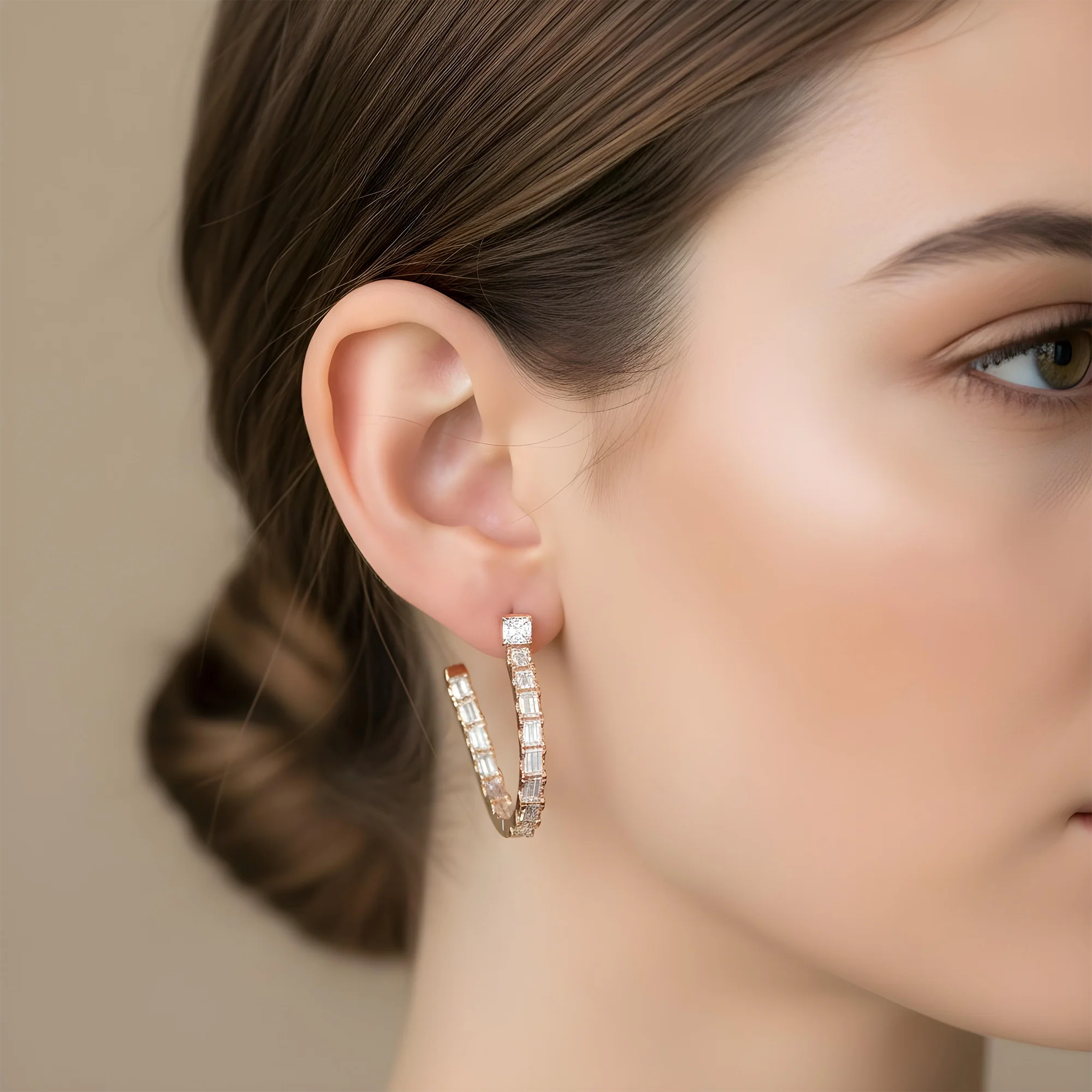 18K White Gold Emerald Cut Diamond Curved Inside Out Hoop Earrings 5.73ctw - Image 7