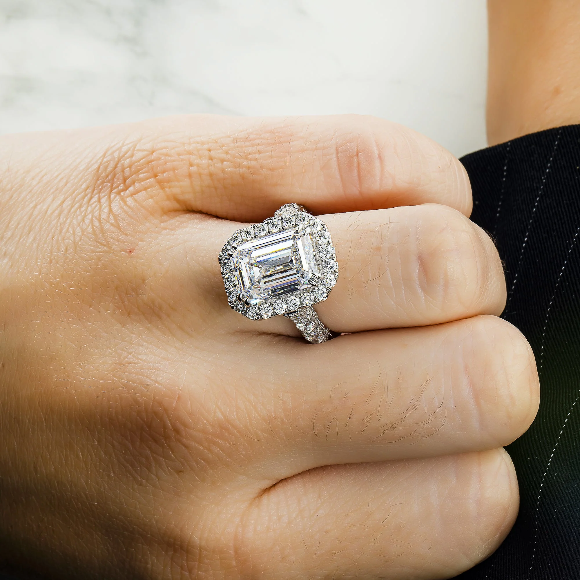 18K White Gold 7.03ct Emerald Cut Diamond Engagement Ring w/ Halo 9.58ctw - Image 3