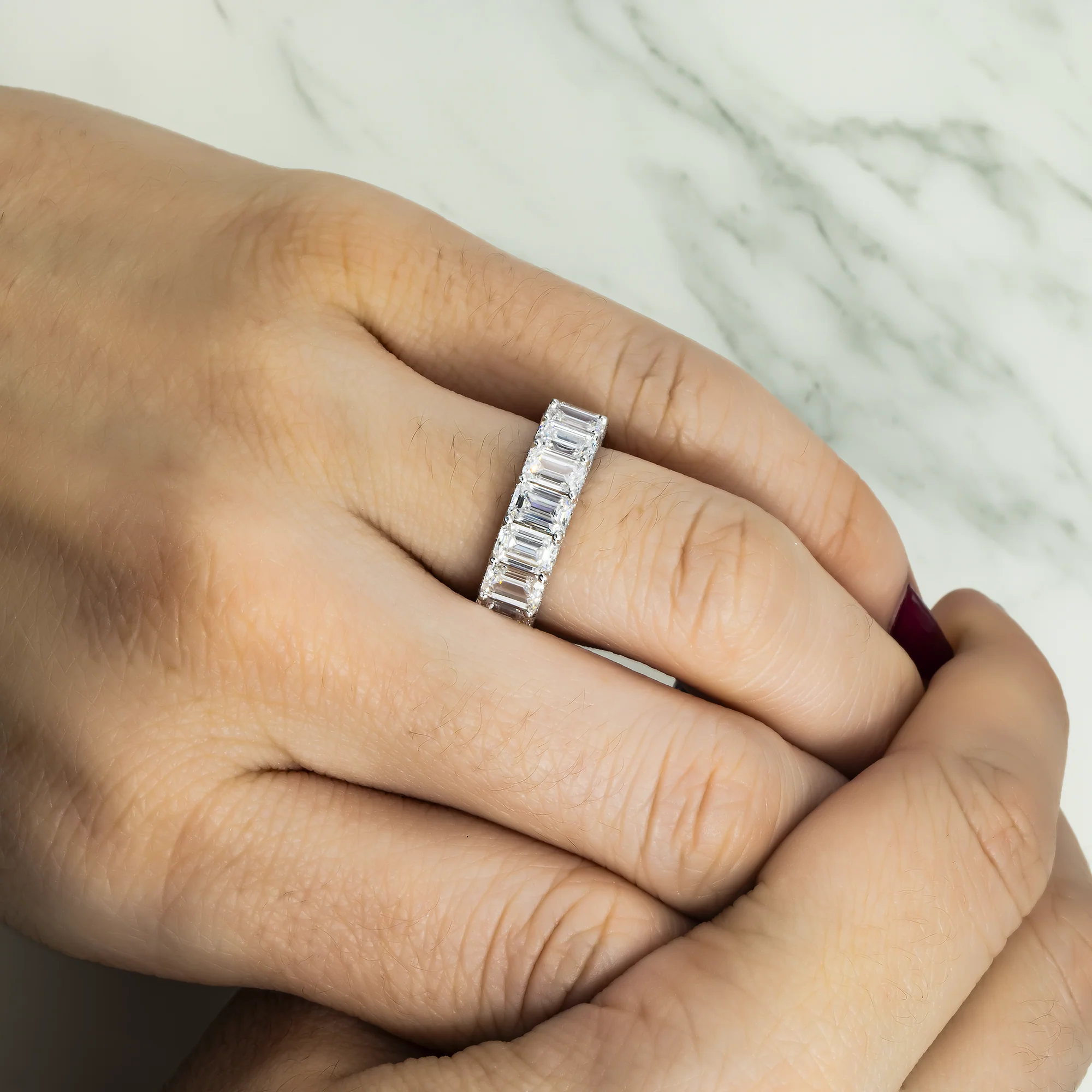 18K White Gold Emerald Diamond Cut Eternity Ring w/ Encrusted Setting 8.75ct (size 6) - Image 2