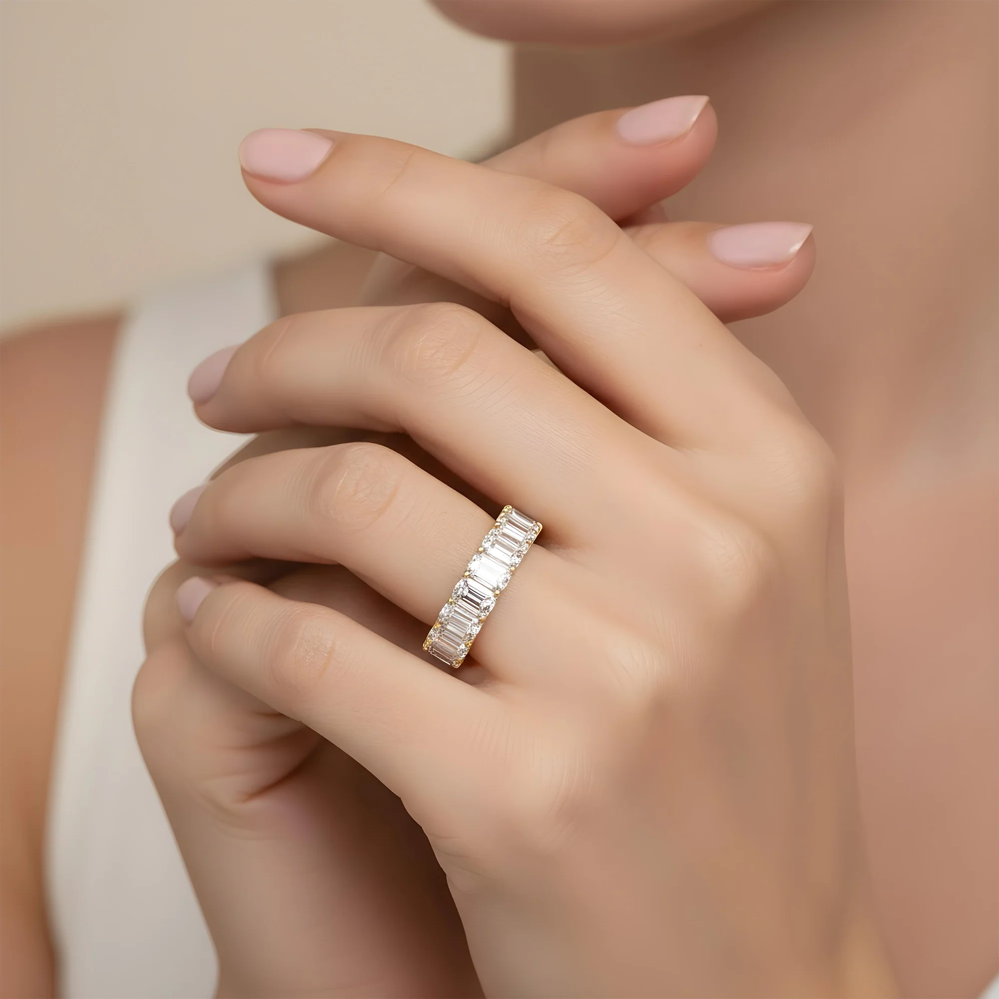 18K White Gold Emerald Diamond Cut Eternity Ring w/ Encrusted Setting 8.75ct (size 6) - Image 6