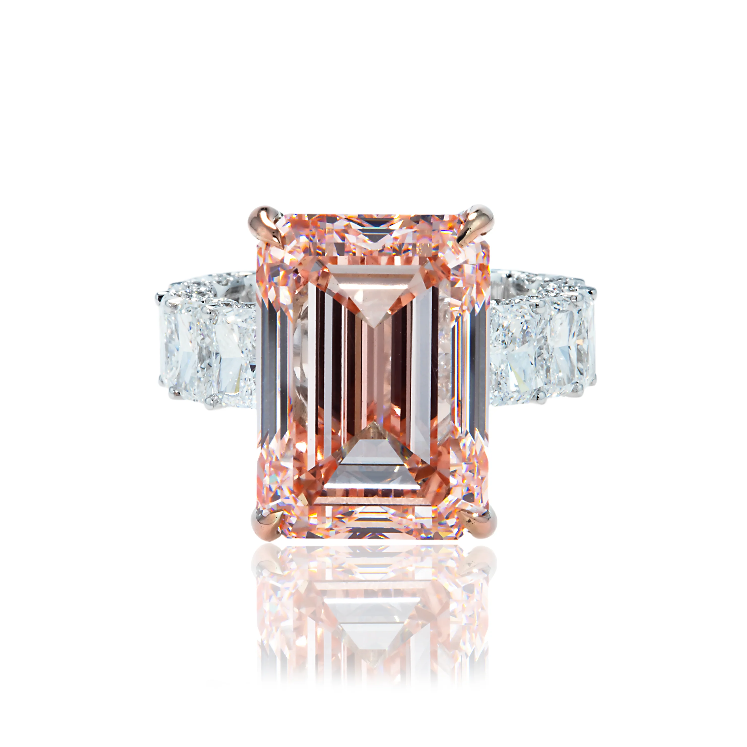 18K White Gold 15.62ct Fancy Intense Pink Emerald Cut Diamond Ring 21.74ctw