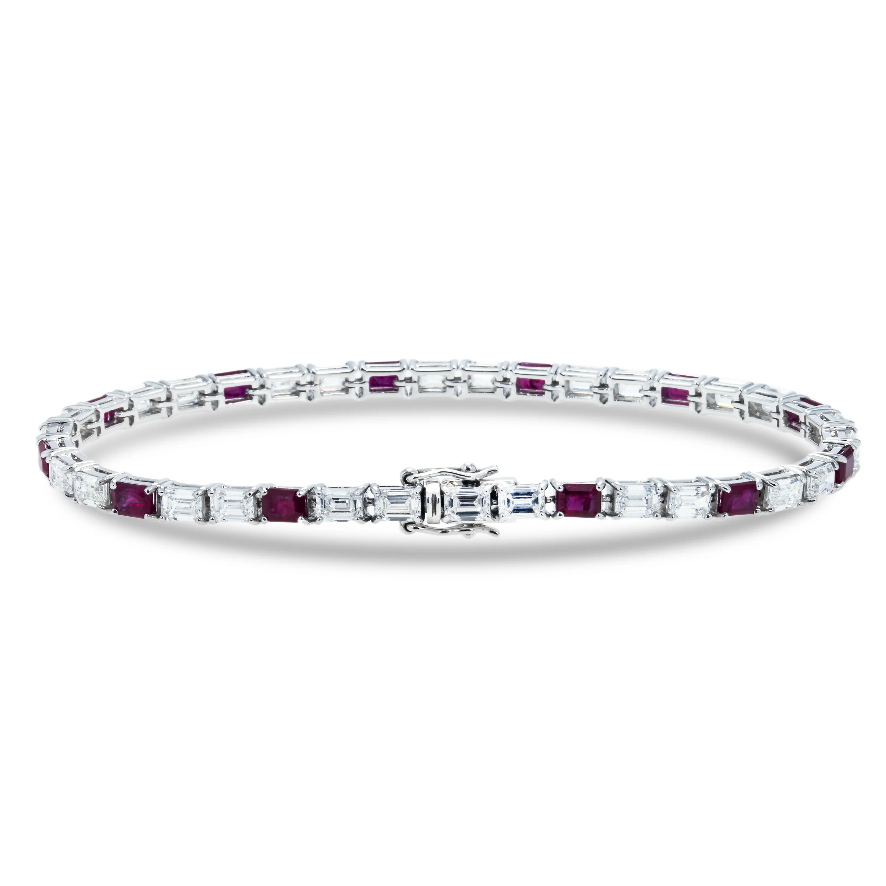 18K White Gold Emerald Cut Ruby & Diamond Tennis Bracelet - Image 3