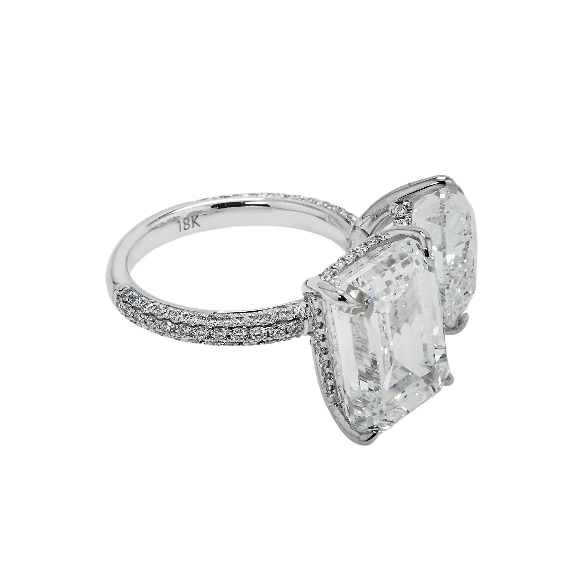 18K White Gold Emerald & Heart Cut Double Diamond Toi et Moi Ring 17.64ctw - Image 5