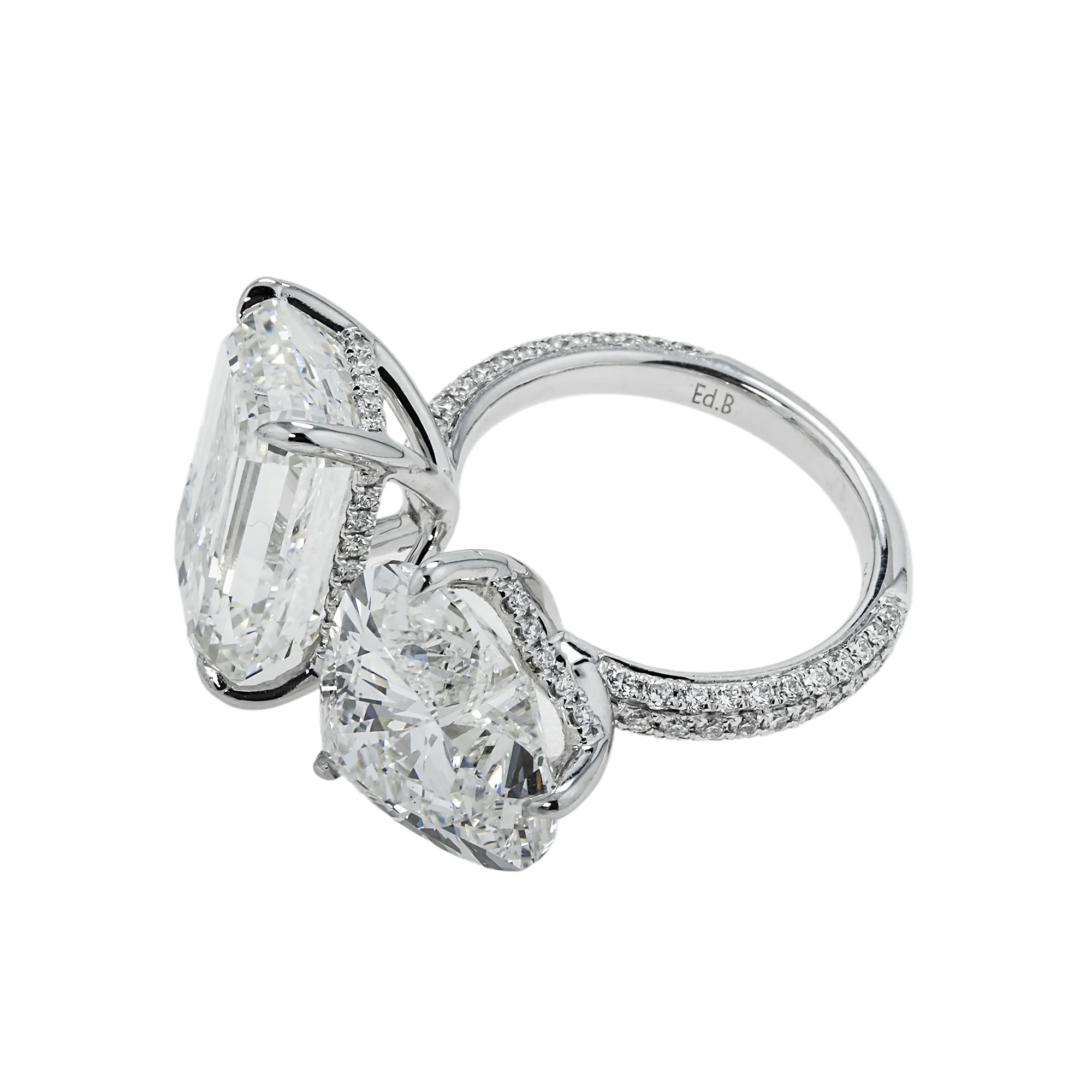 18K White Gold Emerald & Heart Cut Double Diamond Toi et Moi Ring 17.64ctw - Image 6