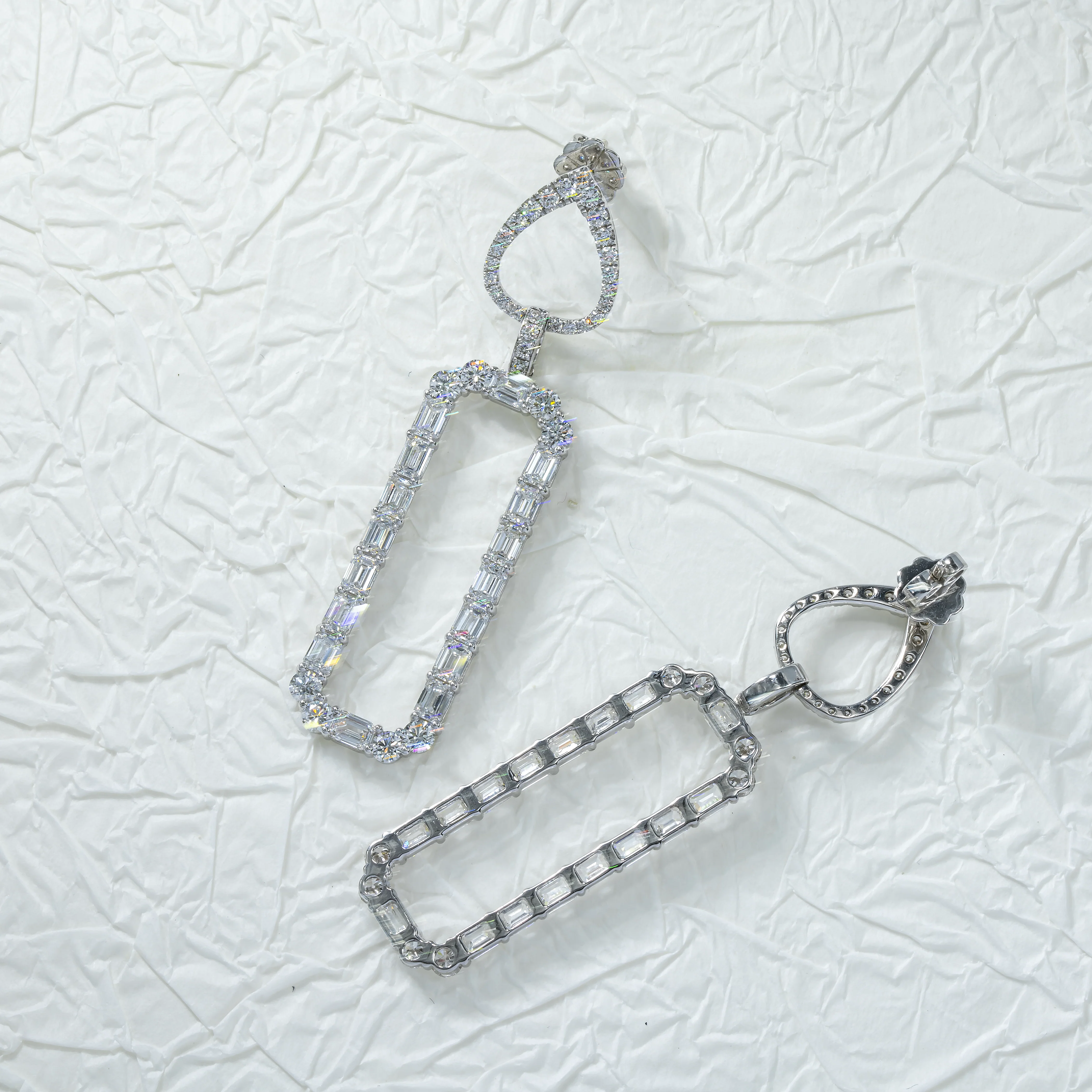 18K White Gold Emerald Rectangular Diamond Drop Earrings 9.18ctw - Image 3