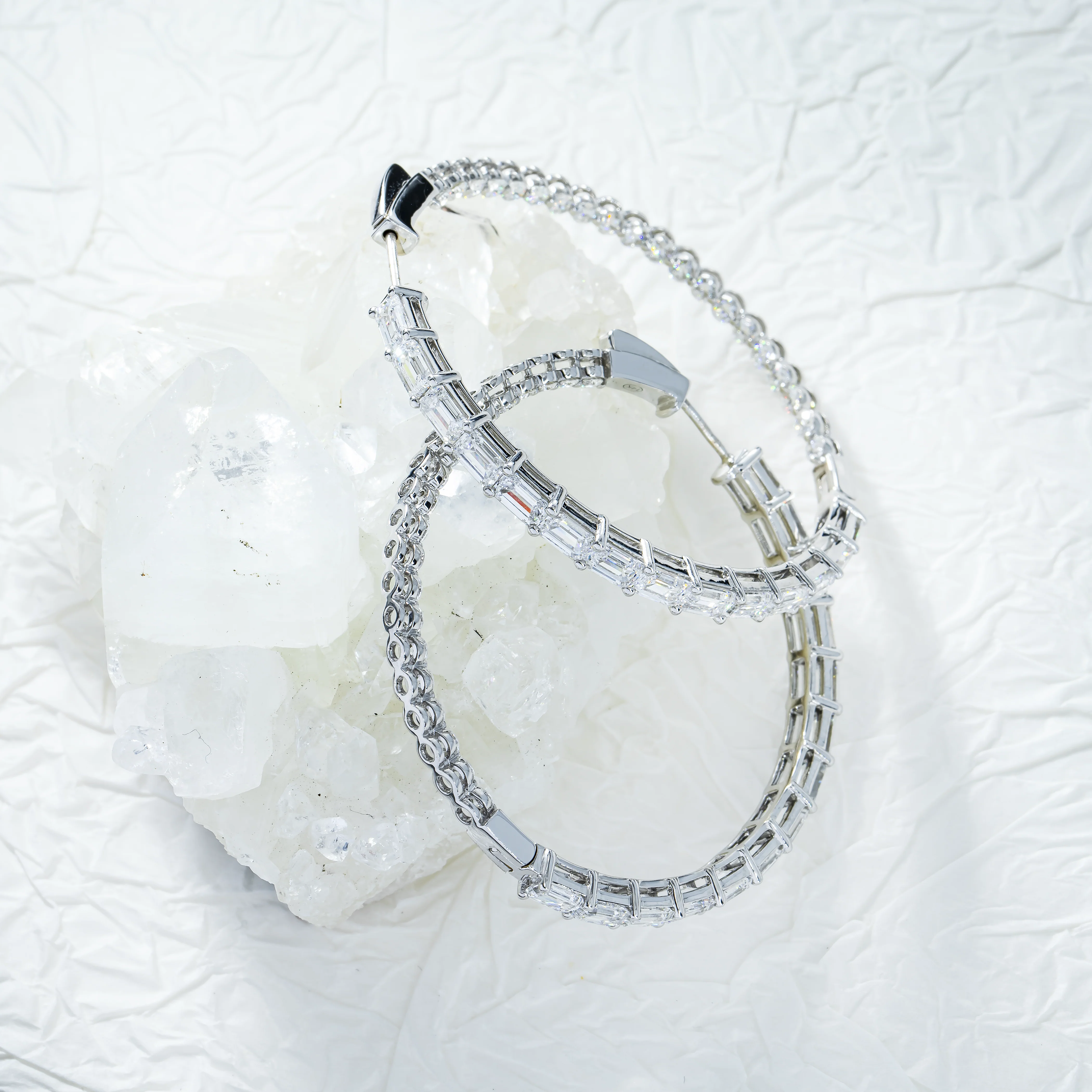 18K White Gold Emerald & Round Diamond Inside Out Hoop Earrings 11.60ctw - Image 3