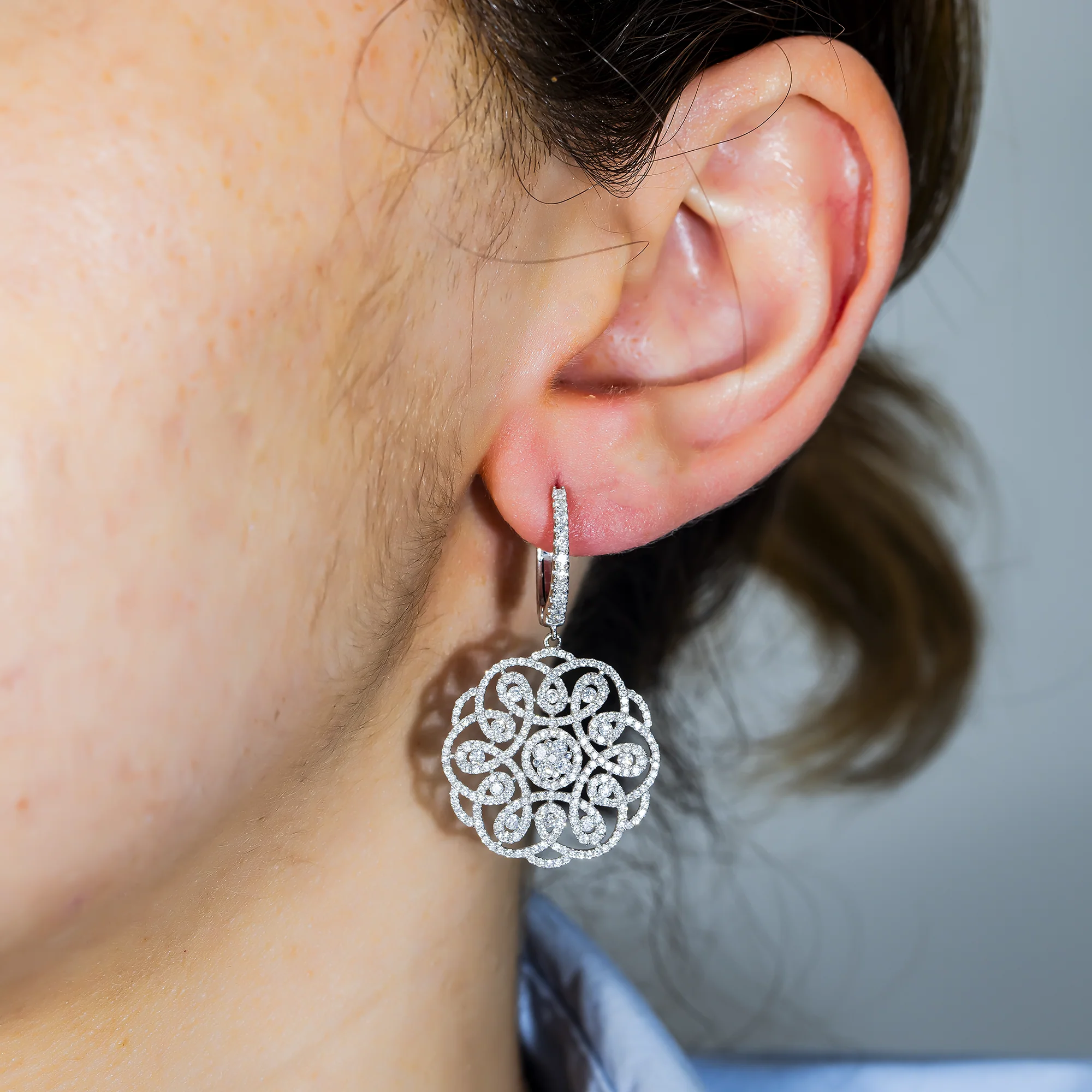 18K White Gold Eternal Garden Round Diamond Drop Earrings 2.42ctw - Image 2