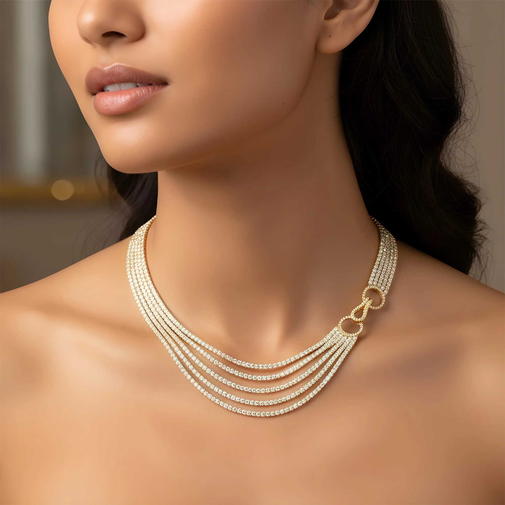 18K White Gold Five Layer Round Diamond Necklace W/ Unique Clasp 35.49ct - Image 5