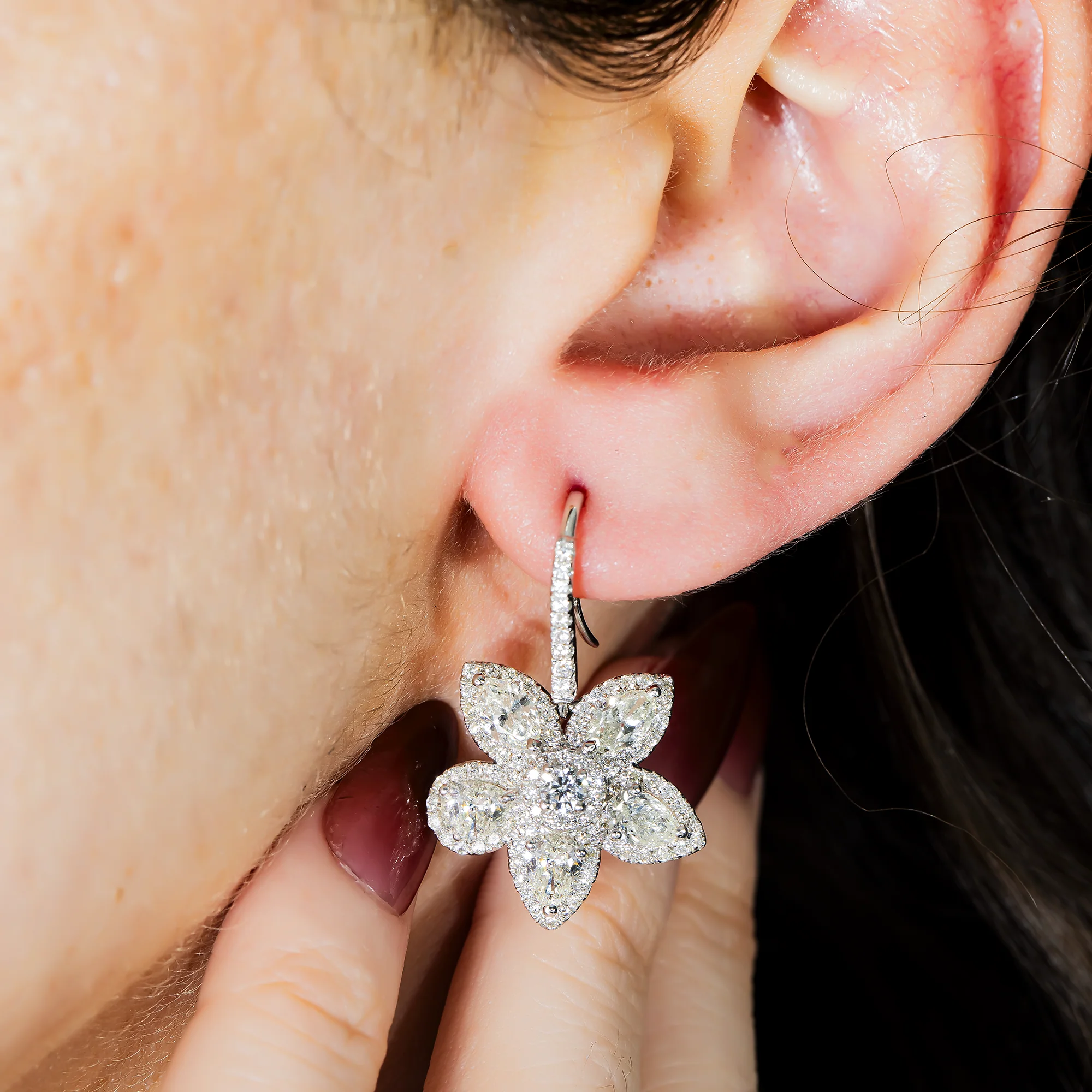 18K White Gold Flower Diamond Drop Earrings 5.21ctw - Image 2