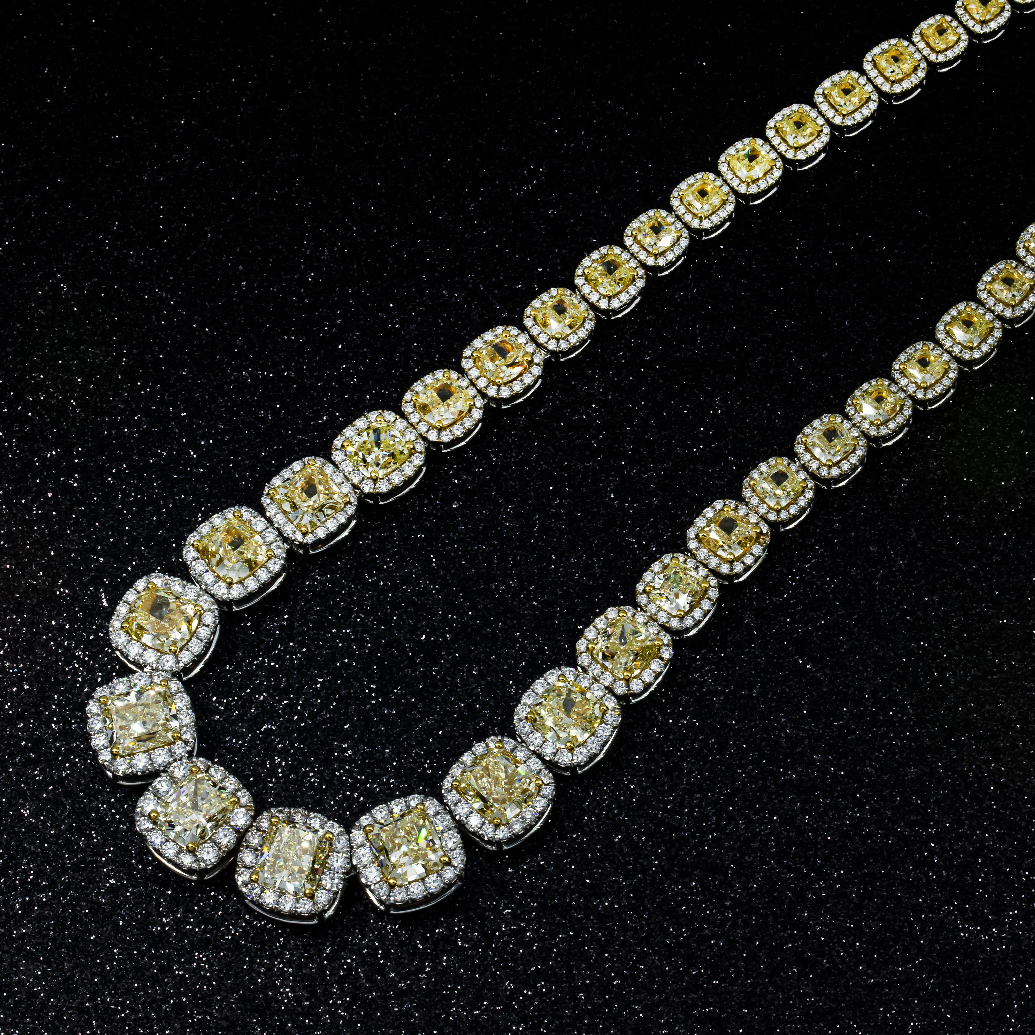 18K White Gold Graduated Cushion Cut Canary Yellow Diamond Chain 74.25ct - Image 4