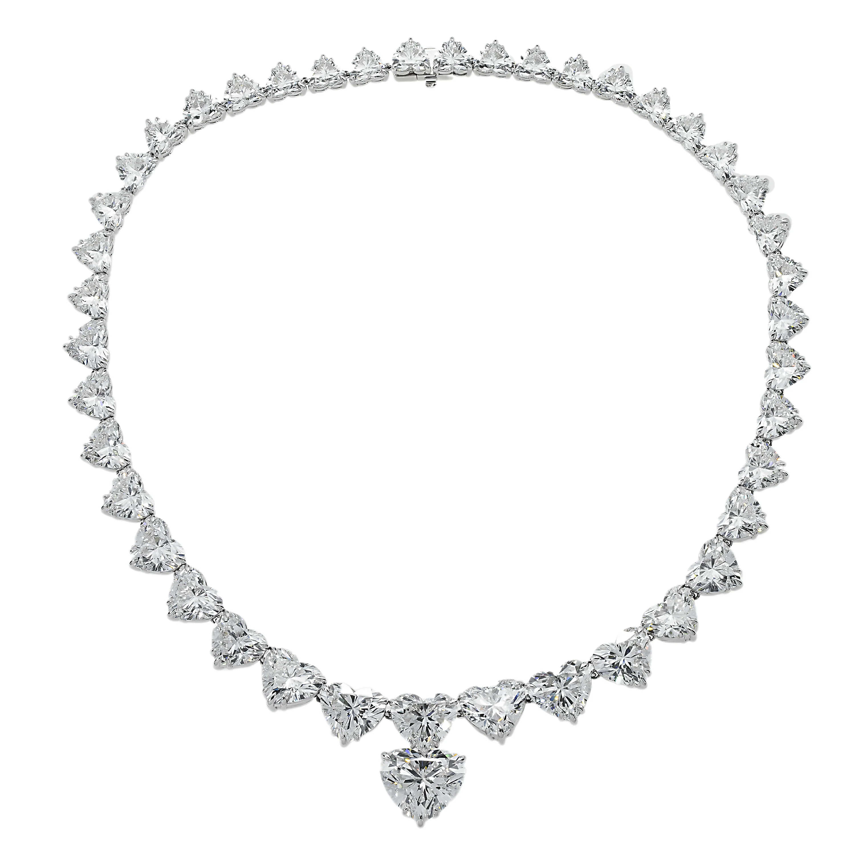18K White Gold Graduated Full Heart Cut Diamond Drop Necklace 102.30ct - Image 3